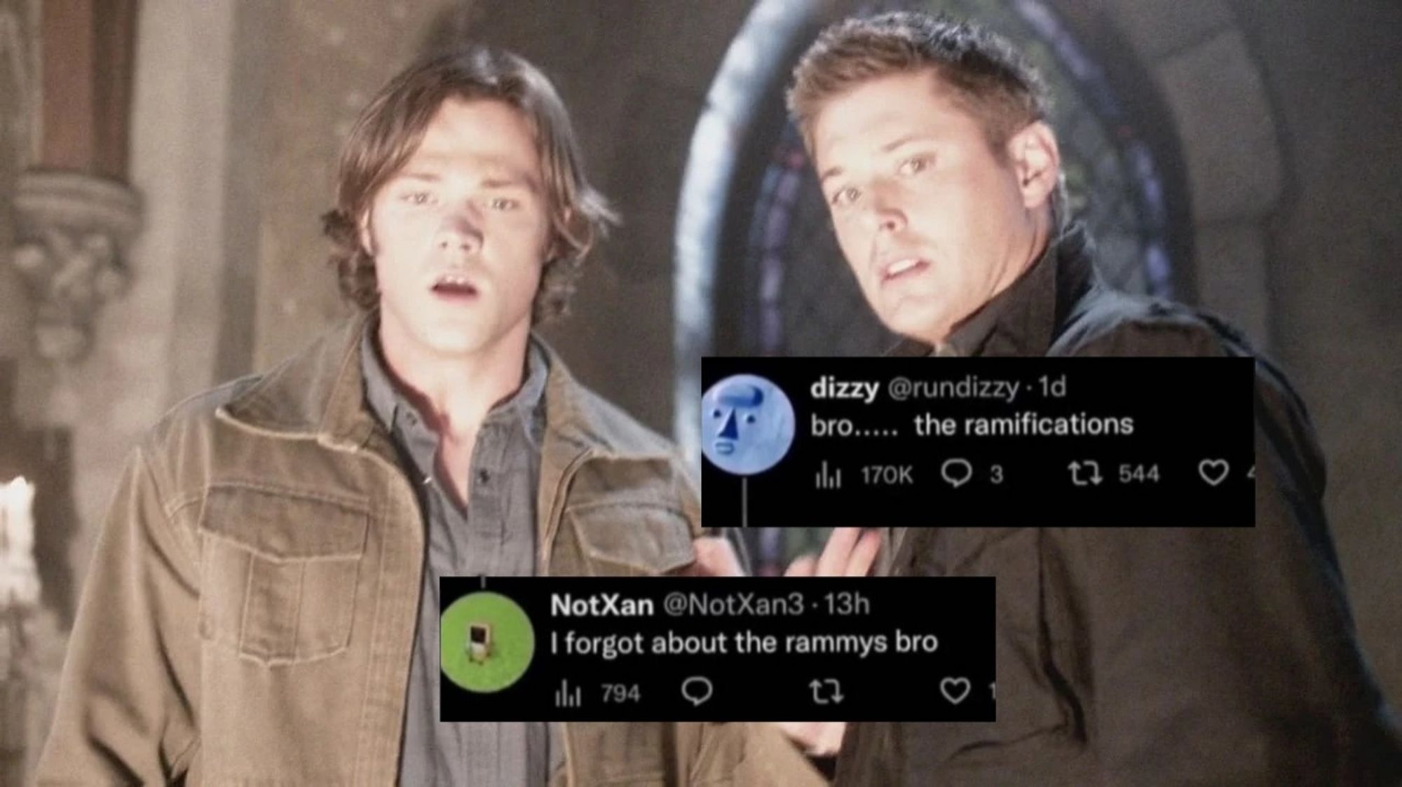 A Tumblr post split in two over top an image of Sam and Dean standing over the opening portal to Lucifer's cage in the season 4 end. Post 1 is over Dean and reads: "bro... the ramifications." Post 2 is over Sam and replies: "I forgot about the rammys bro"