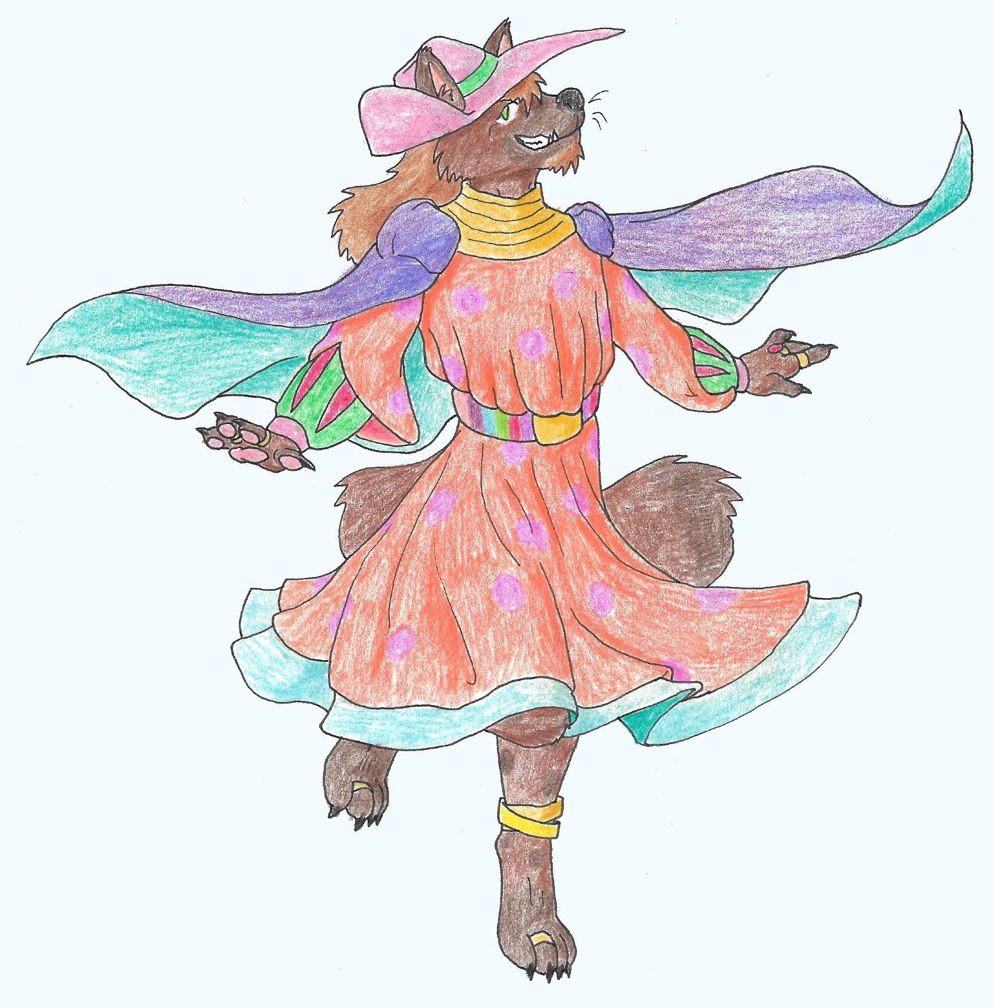 A hyena furry wearing just the most garish combination of colors. His base layer is a bright orange robe with lavender spots, with a sky blue slip underneath, cinched in by a rainbow-colored belt (But not, like, a natural rainbow, a rainbow made of semi-random colors) with a gold buckle. Peeking out from the sleeves are puffy green sleeves with slashes revealing bright red underneath. Over his shoulder is a purple cape with blue underneath. Around his neck is a layered gold collar. On his head is a bright pink hat with a green band. On his fingers and toes are gold rings and around his visible ankle he has two bangle in two different shades of gold. 

The hyena is spinning around, making the cape and hem of the robe spin around him, and he has a big snaggle-toothed smile on his face! The colors are intentionally clashing and ugly.