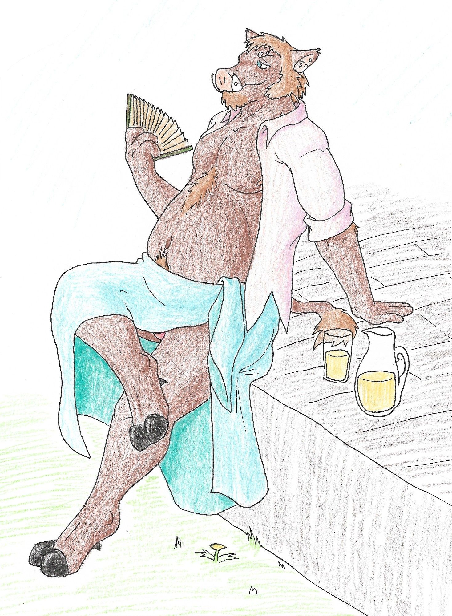 An anthro Boar with horn, ear, and eyebrow piercings lounging on the edge of a porch, sitting next to a glass and pitcher of lemonade. He has red hair and sideburns, wears a light pink shirt open to expose his chest and round belly, and around his waist he wears a blue sarong with just a peek of his underwear showing. His legs are crossed. On the grass, there is a dandelion growing. The boar is fanning himself and has a relaxed smile on his face.