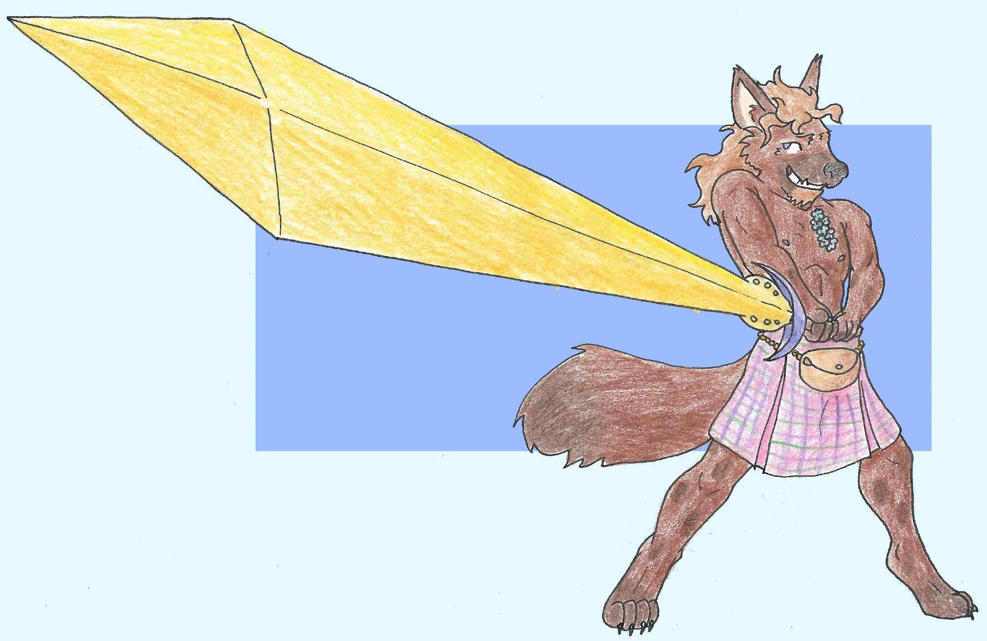 A hyena wearing a pink kilt holding a huge bronze sword in the "Brave Perspective" or "Obari" pose with an extremely foreshortened sword facing the camera.