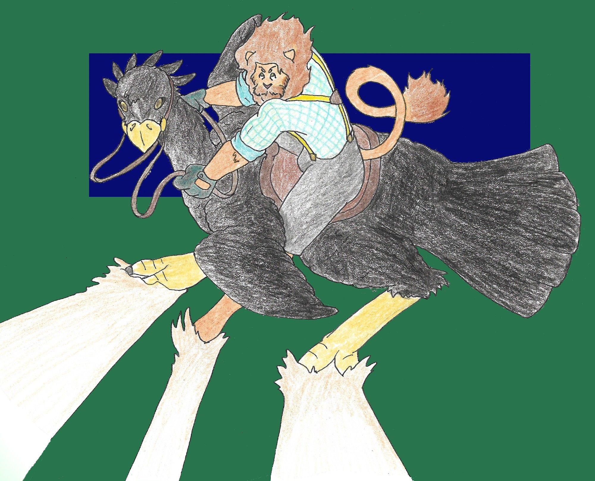 A lion wearing a blue gingham shirt and yellow suspenders while riding on a black-feathered bird. They are doing the Akira slide.