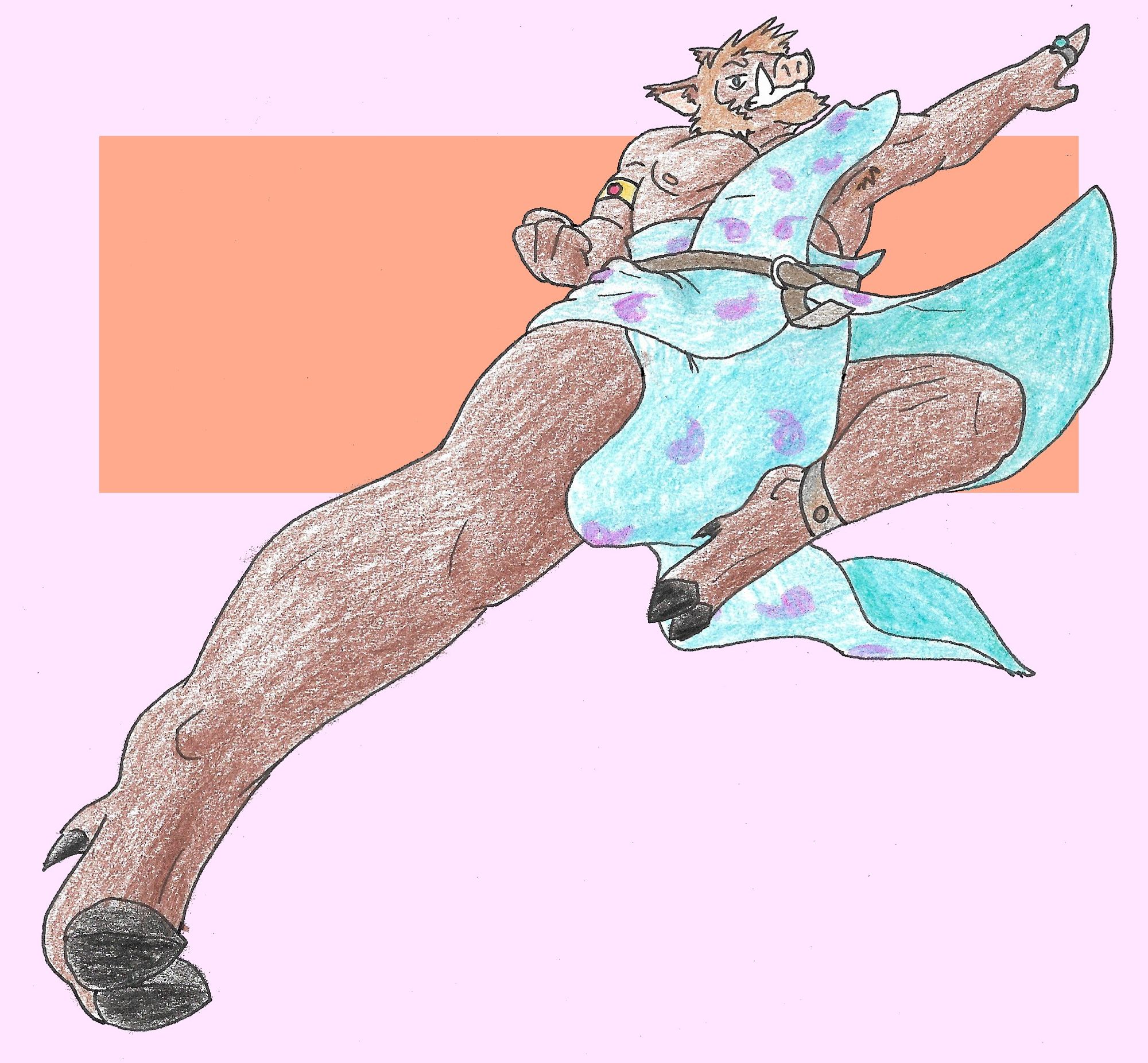 Boar furry wearing a blue robe with a simplified purple paisley pattern performing a flying kick, inspired by the Inazuma Kick from gunbuster.