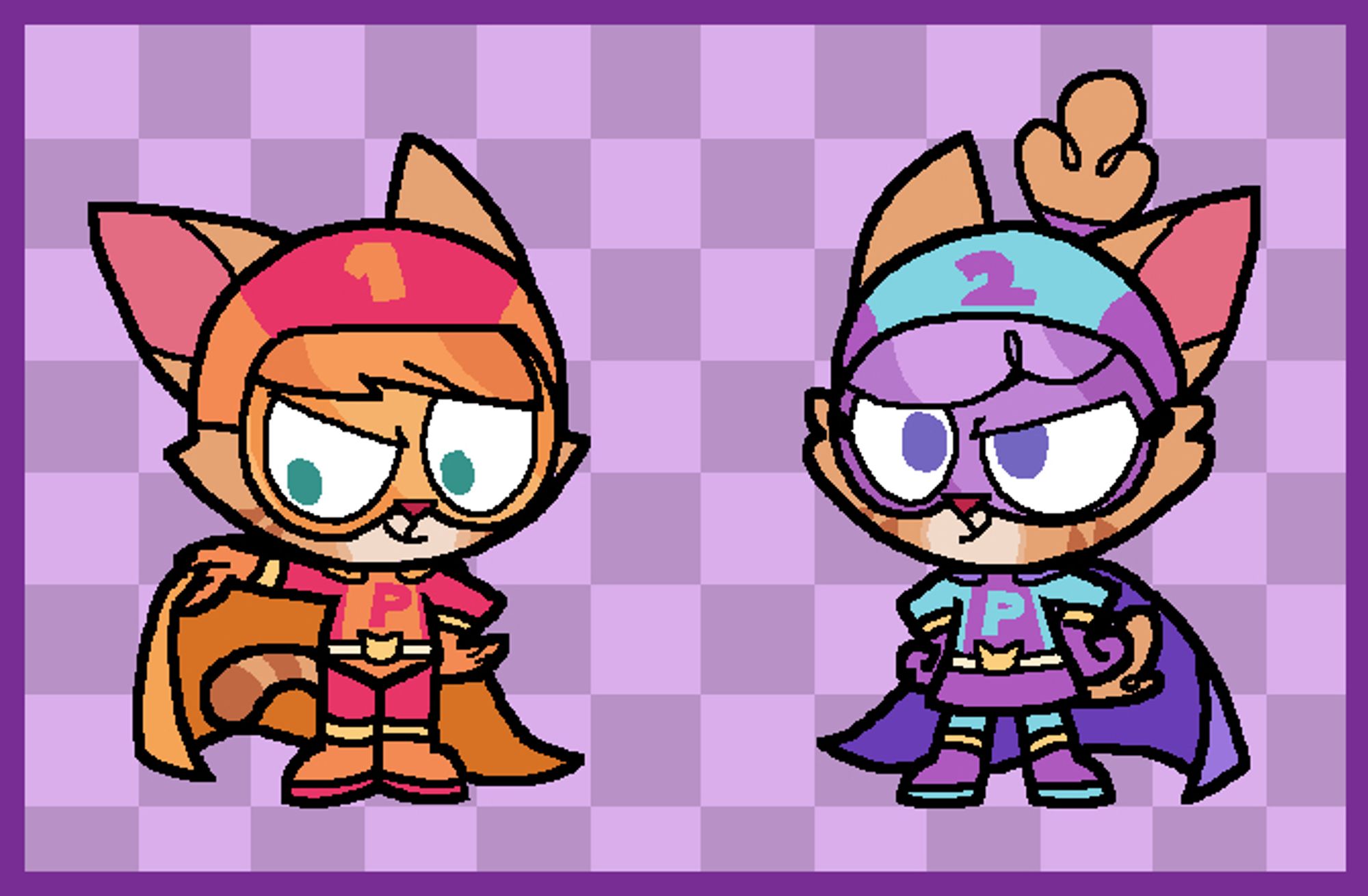 Two little tabby cat children decked out in superhero suits, both with helmets, gloves, boots, and capes. One's a boy and the other's a girl. Both are behind a checkered background.