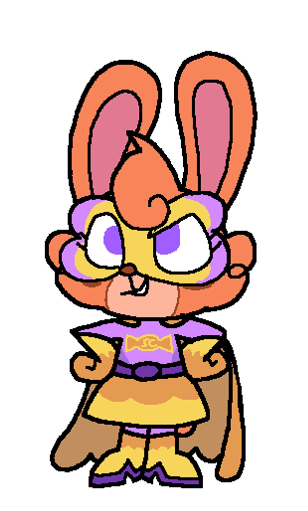 A bright orange cartoon bunny girl wearing a bright purple and 'candy-like' superhero costume.