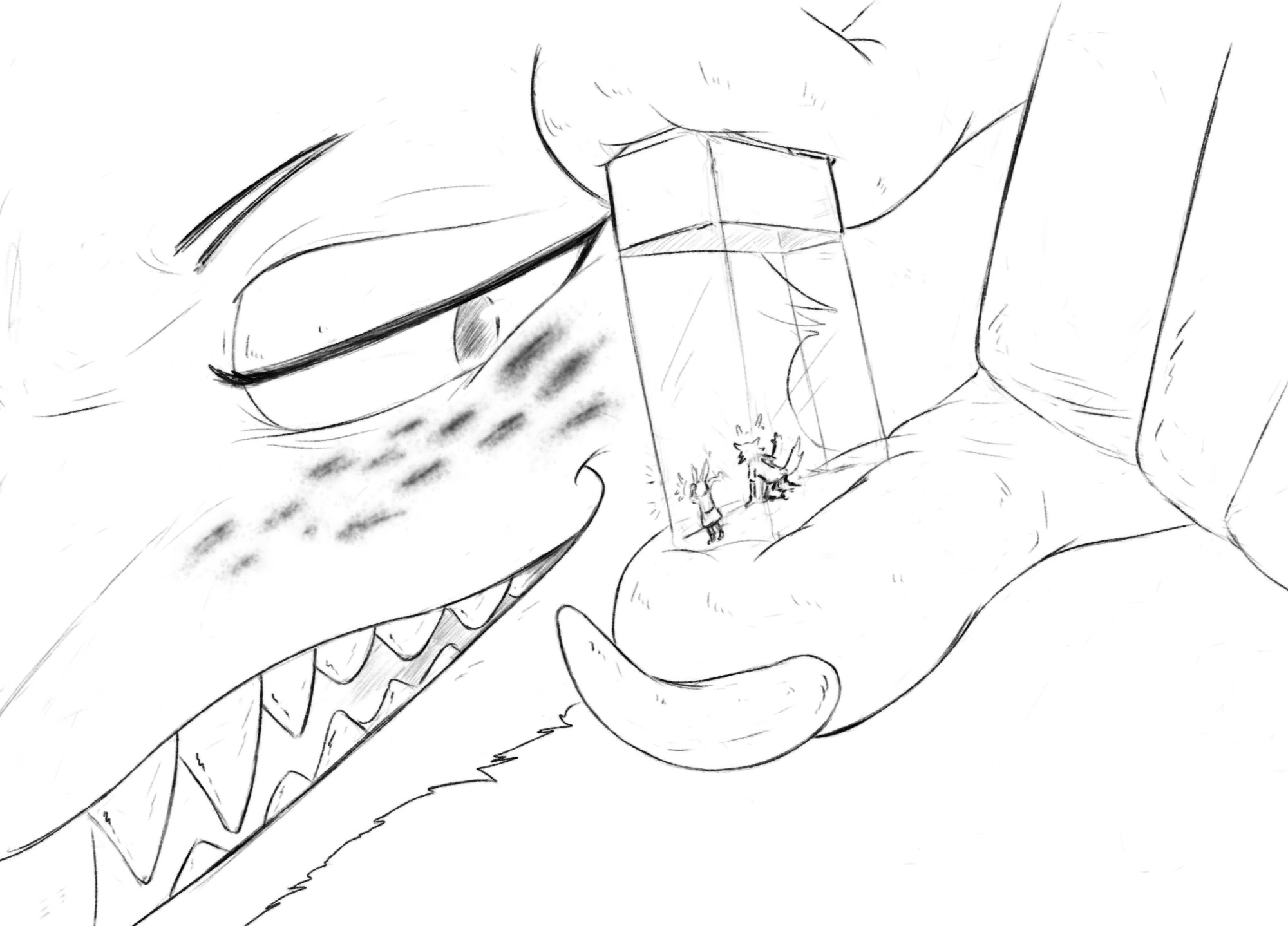 Melon grinning toothily at a captured Haru and Legosi. The pair are captured within a tic-tac container, pinched between Melon's fingers.