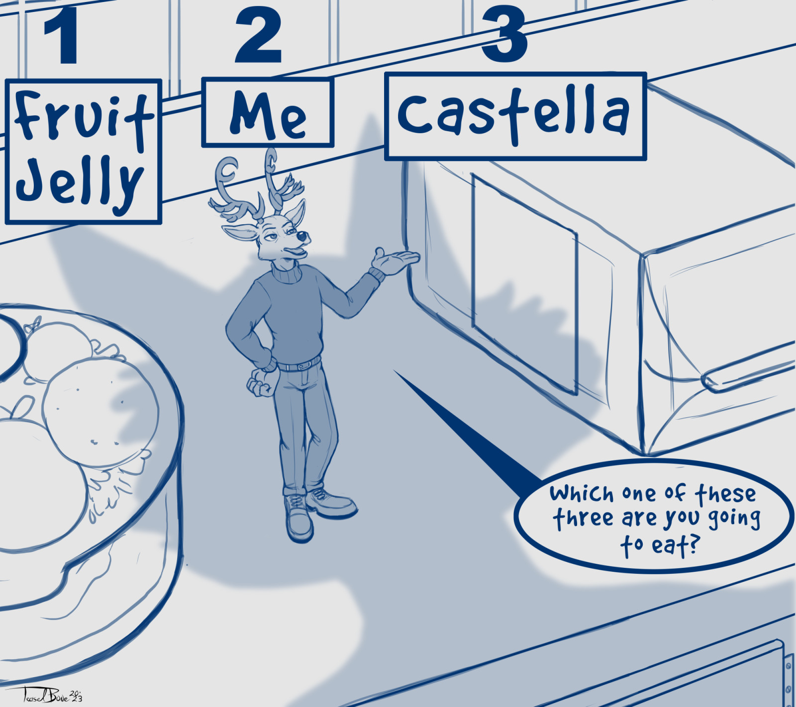 The iconic manga scene where Louis offers Legosi three things to eat, using himself as one of the options. In this version, however, Louis is about the same size as the other snacks, making him very small in comparison to Legosi. The options are labelled as 1. fruit jelly, 2. me 3. castella. Louis is asking which of the three things Legosi is going to eat.