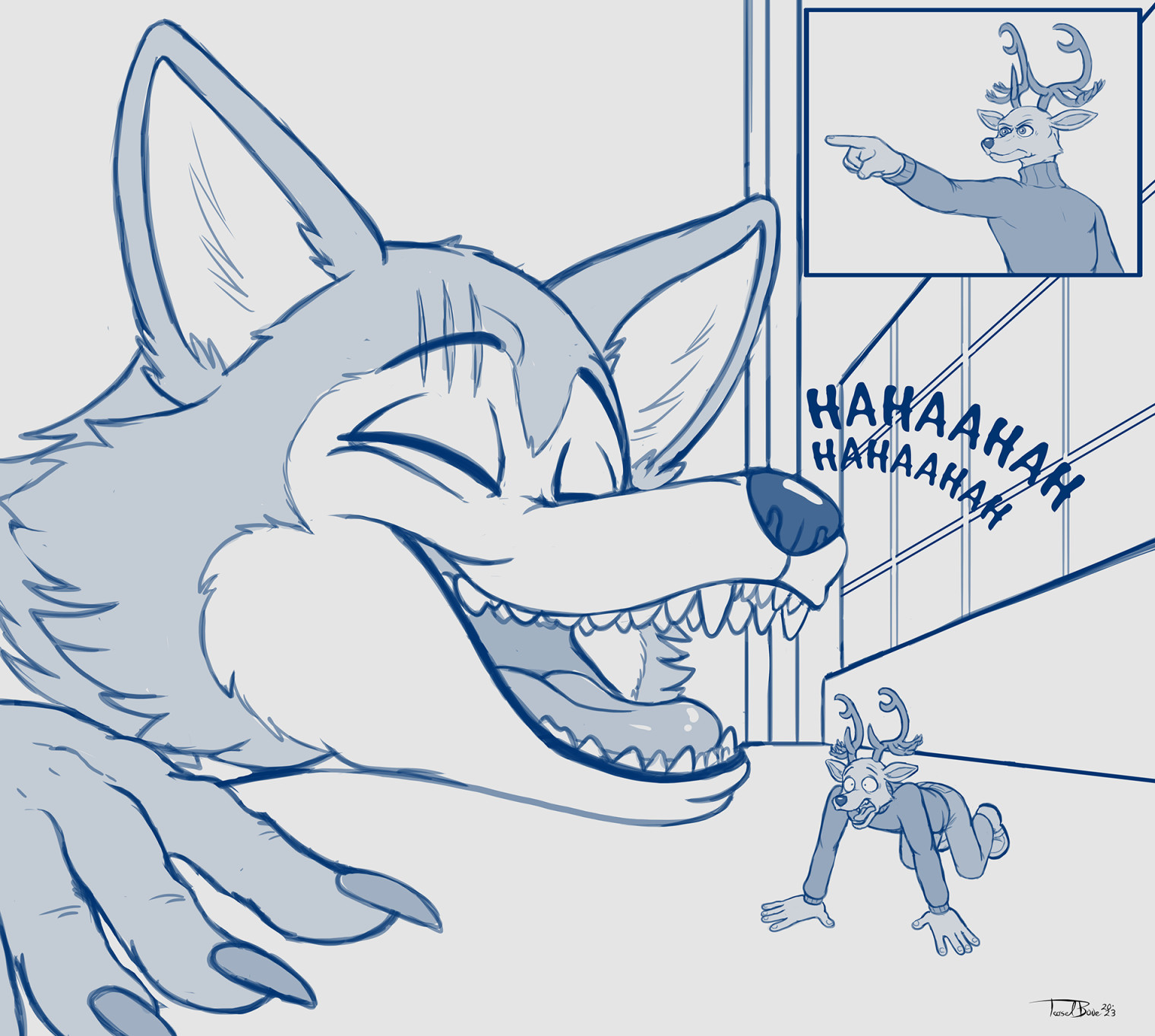 Louis is placed back on the counter as he tries to catch his breath and quell the panic of his life flashing before his eyes. Meanwhile, Legosi takes up the background space to laugh at how he took Louis' joke and put his own spin on it. A panel shows Louis' clear objections to Legosi's attempt at 'humour'.