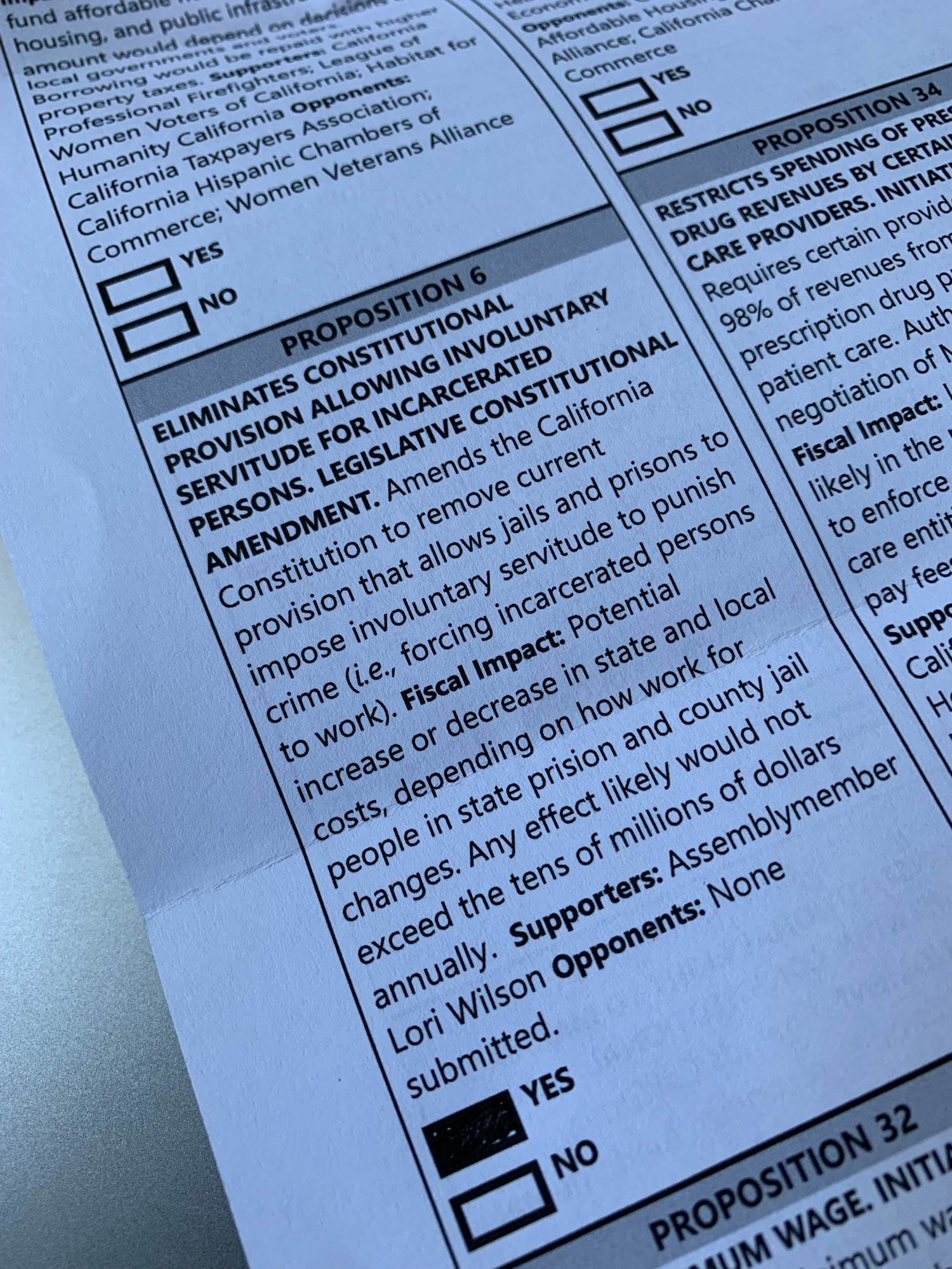 A ballot zoomed in on proposition six, which abolishes ‘involuntary servitude.’ The ‘yes’ bubble is filled.