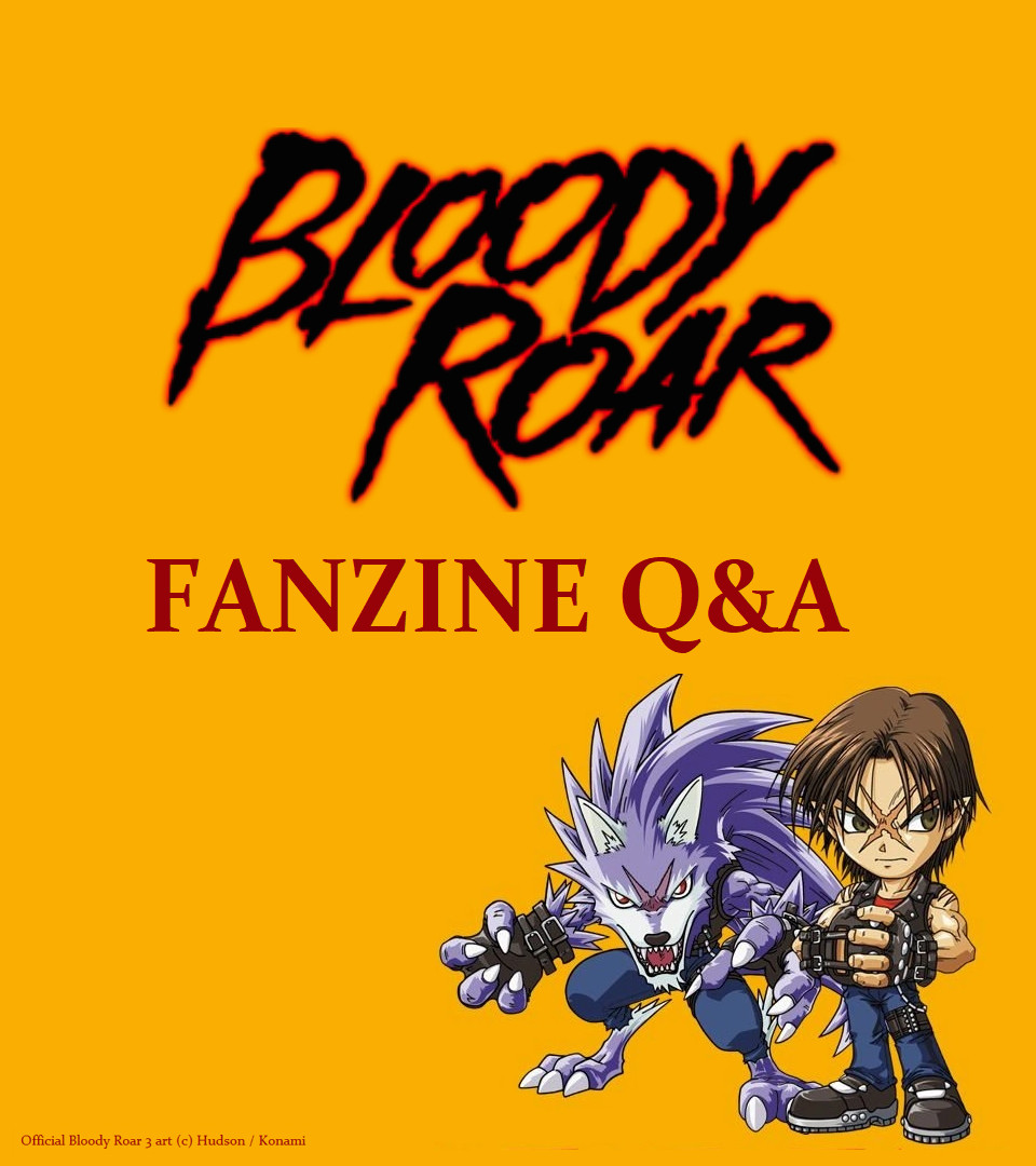 Bloody Roar logo above text that reads "Fanzine Q&A" (Questions & Answers). Official Bloody Roar 3 art of chibi Yugo Ogami in human and beast form rests below; art copyright Hudson / Konami