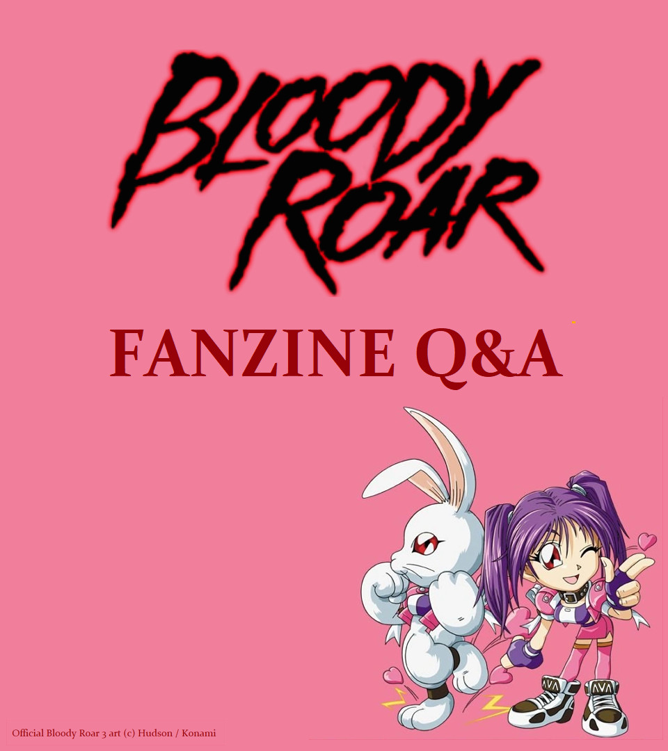 Bloody Roar series logo on a pink background. Red text reads "Fanzine Q&A" (question and answer). Alice Tsukigami is shown in chibi style in her human and rabbit beast form. Bloody Roar 3 official art (c) Hudson / Konami