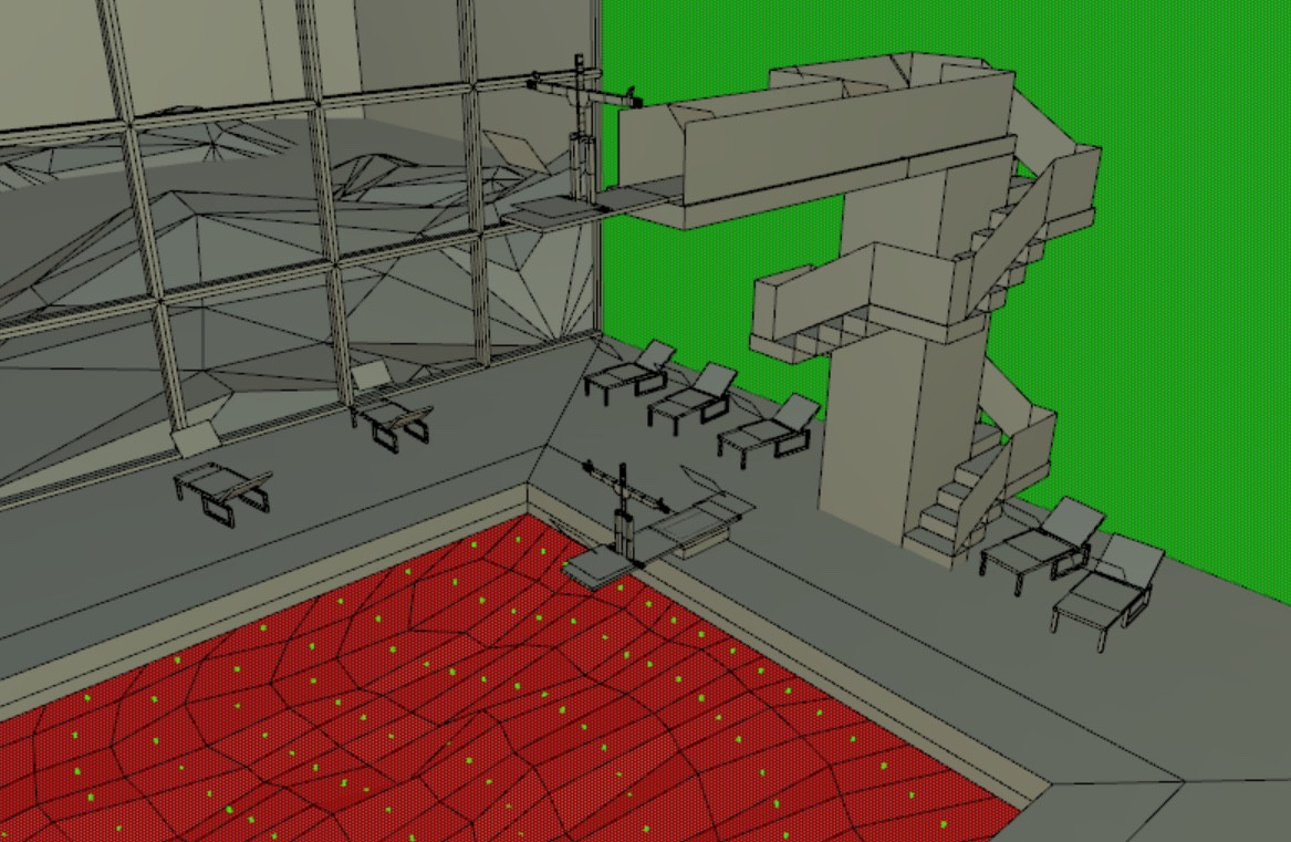 CGI render of a work in progress of a pool area, showing pool water composed of polygons selected in red with a 2 flight diving board