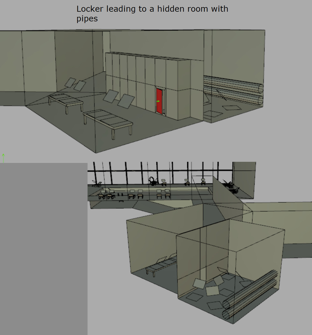 CGI render of a pool locker area showing a locker with a hidden room (consisting of two large pipes) behind it.