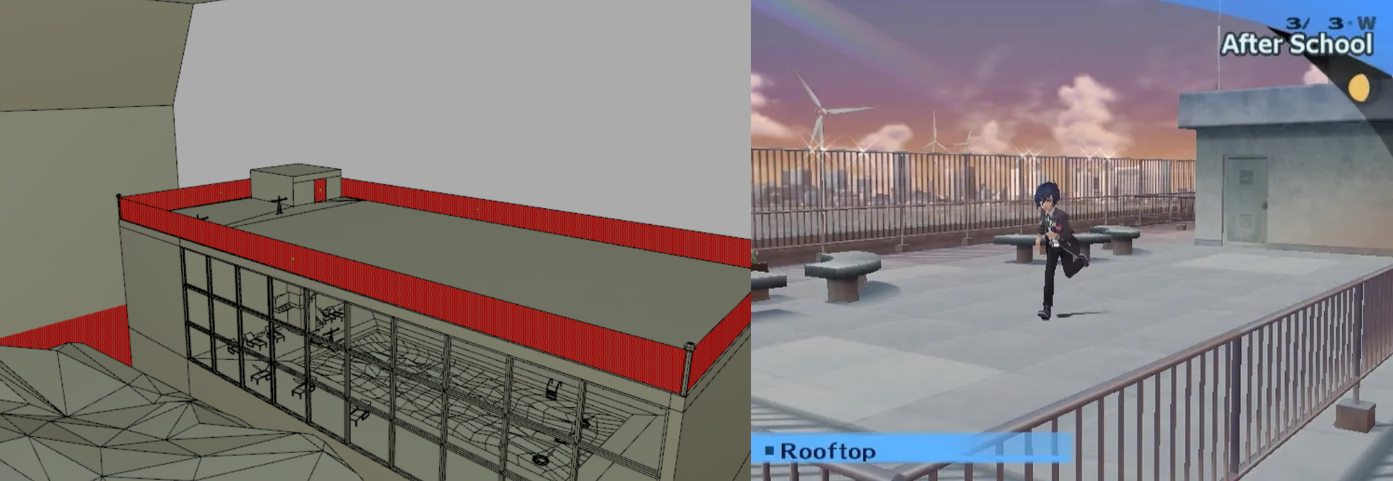 CGI render of a rooftop with an access door enclosed by fences, with a screenshot from Persona 3 on the rooftop of the game’s school