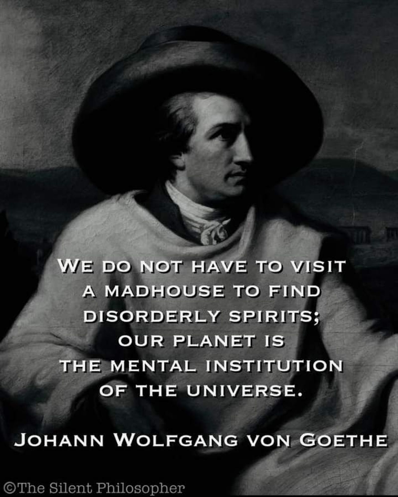 "We do not have to visit 
a madhouse to find 
disorderly spirits;
our planet is the
mental institution 
of the universe."
~ JW von Goethe 

#QOTD
#ThinkAboutThis