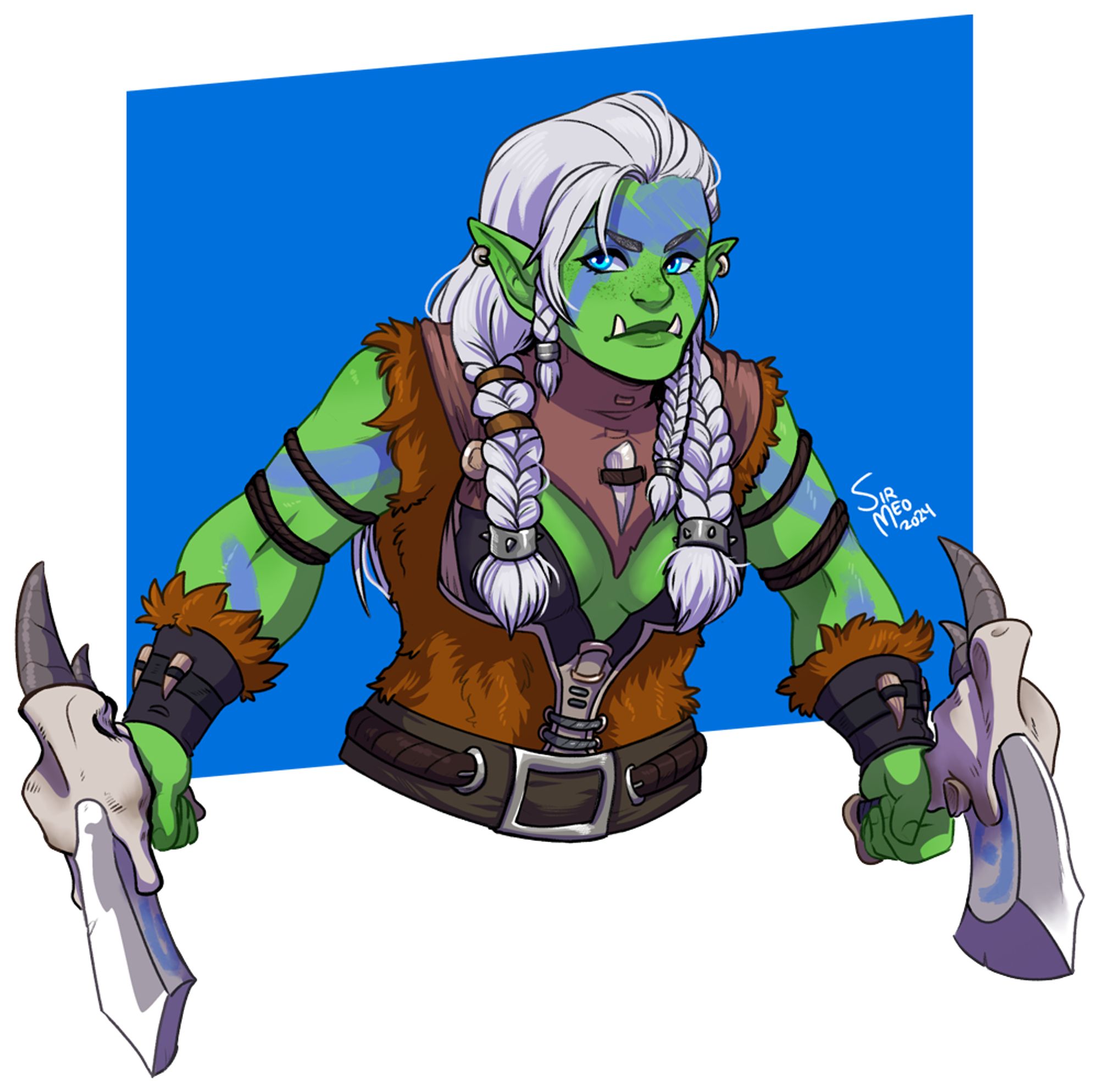 Waist up commission of a young orc woman. She has green skin and gray hair in multiple braids and is wielding two axes. 