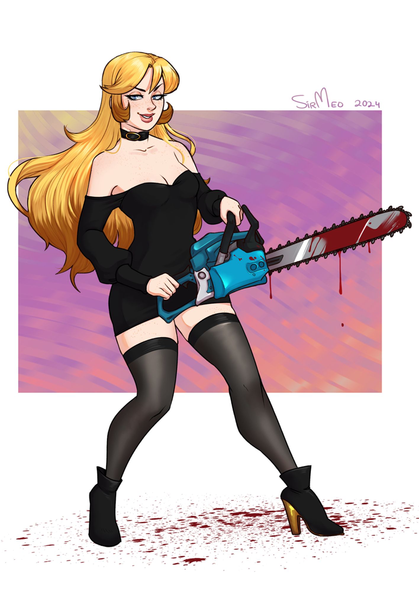 Drawn cartoon full body picture of woman holding a bloody chainsaw while wearing a little black dress. 