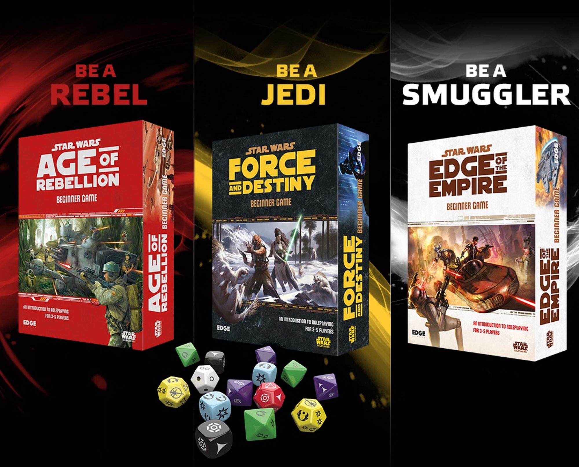 Promotional image showing the three Fantasy Flight Star Wars role playing game beginner boxes and the dice used for the game