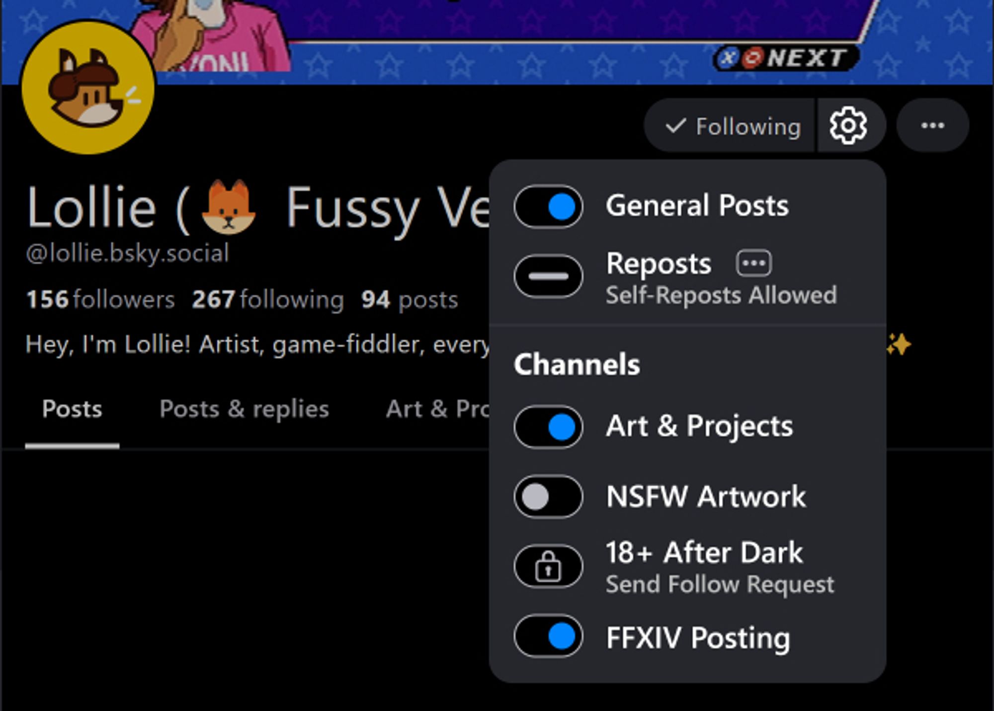 A mock-up of a user profile, where the +Follow button now has a Settings cogwheel next to it. This opens up a drop-down menu, revealing a handful of toggles to finetune the categories of posts that you wish to see on your Home Feed.