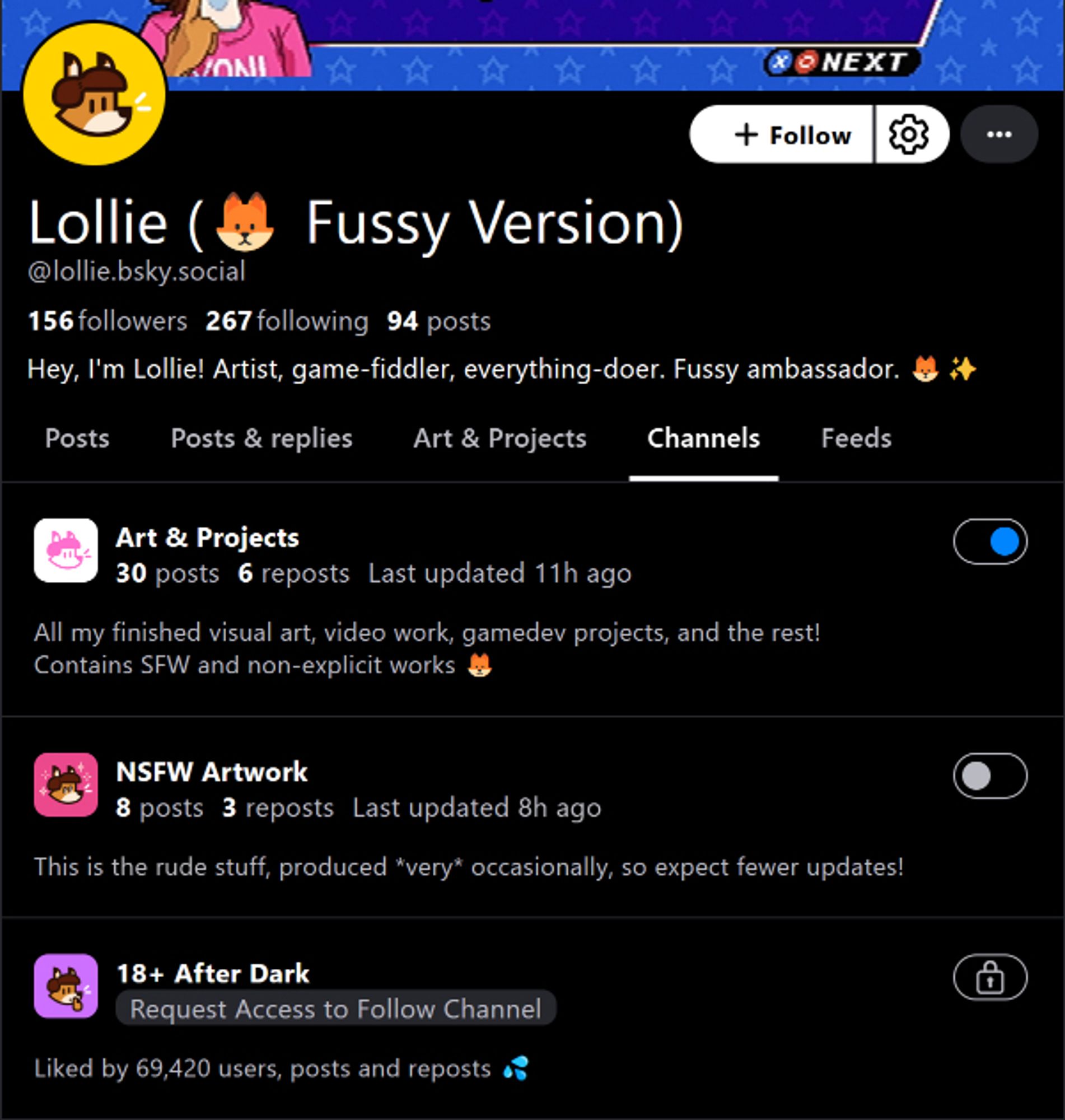 A mock-up of a user profile tab titled "Channels", displaying a list of categories (user-defined timelines) that their posts have been sorted into. This example displays three different feeds:
• Art & Projects, a public feed visible by default.
• NSFW Artwork, a public feed disabled by default.
• 18+ After Dark, locked by default - a private feed that requires users to request access before they can view its contents.