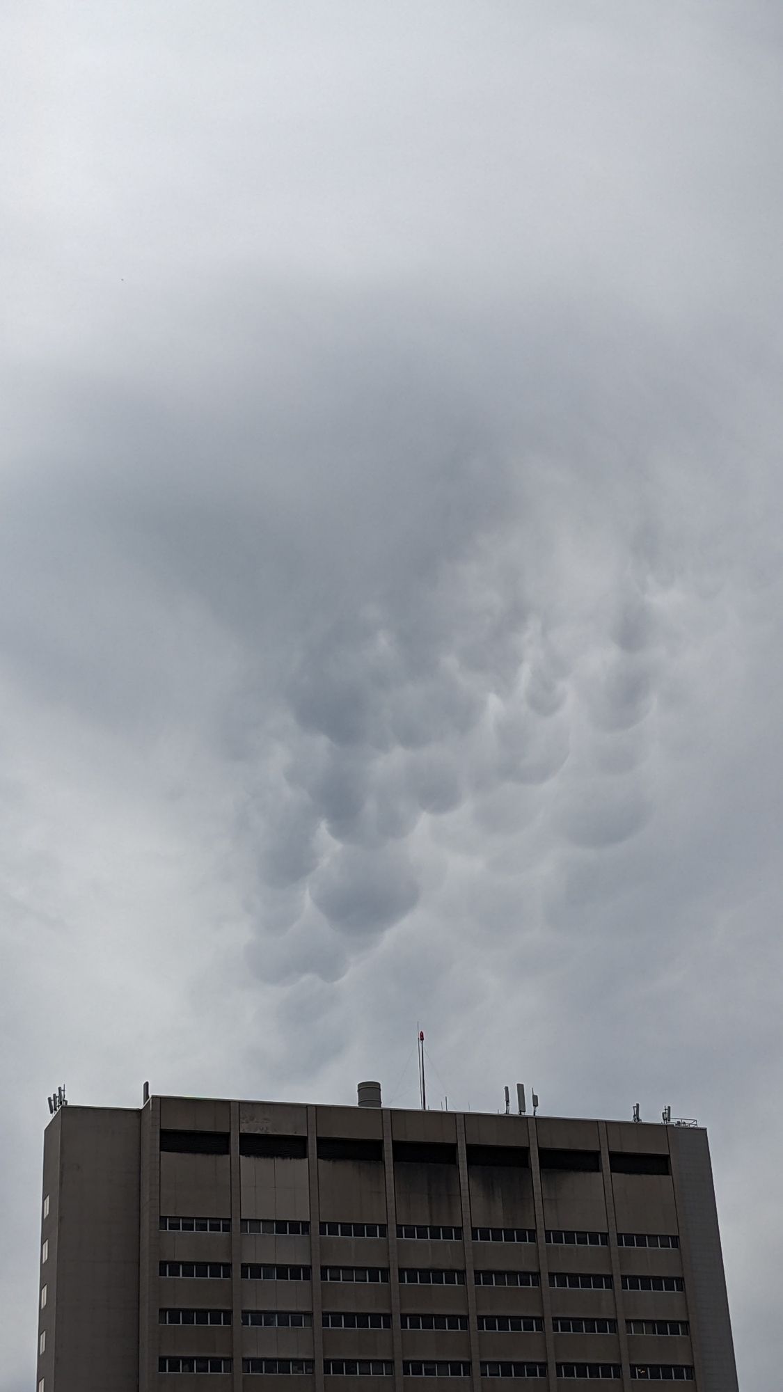 Mammatus clouds over a building.