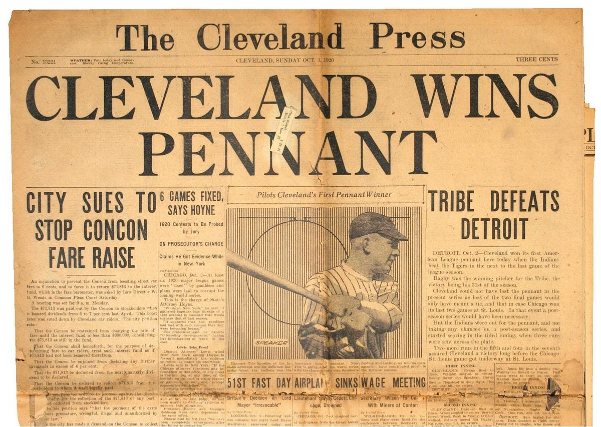 1920 headline in the Cleveland Press newspaper: "CLEVELAND WINS PENNANT"