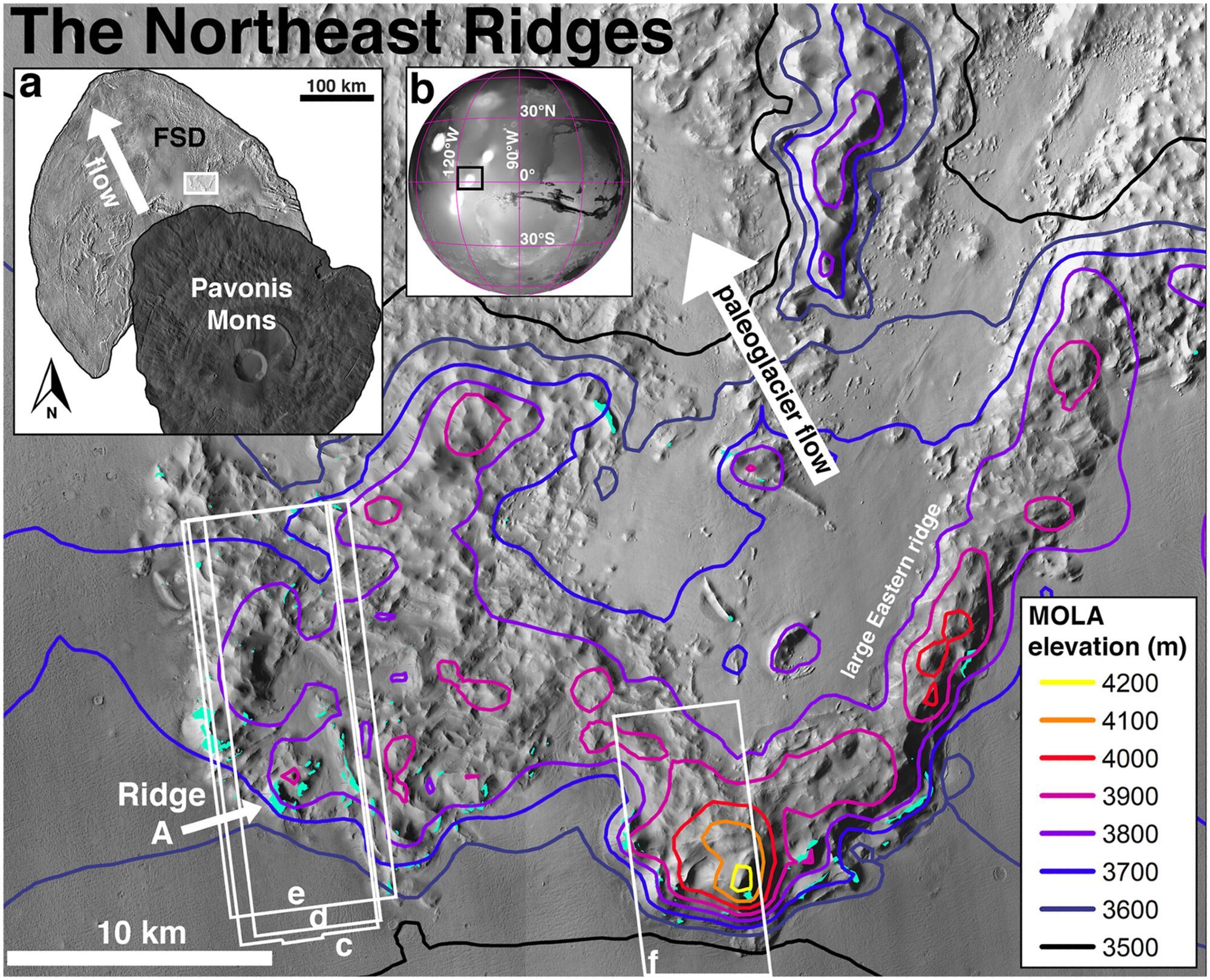 Figure 1 from the paper. Inset a: a map showing the distribution of glacial deposits, including the ridge we studied, next to Pavonis Mons. Inset b: a map showing where Pavonis Mons is on Mars. Main image: the population of ridges including the one we studied.