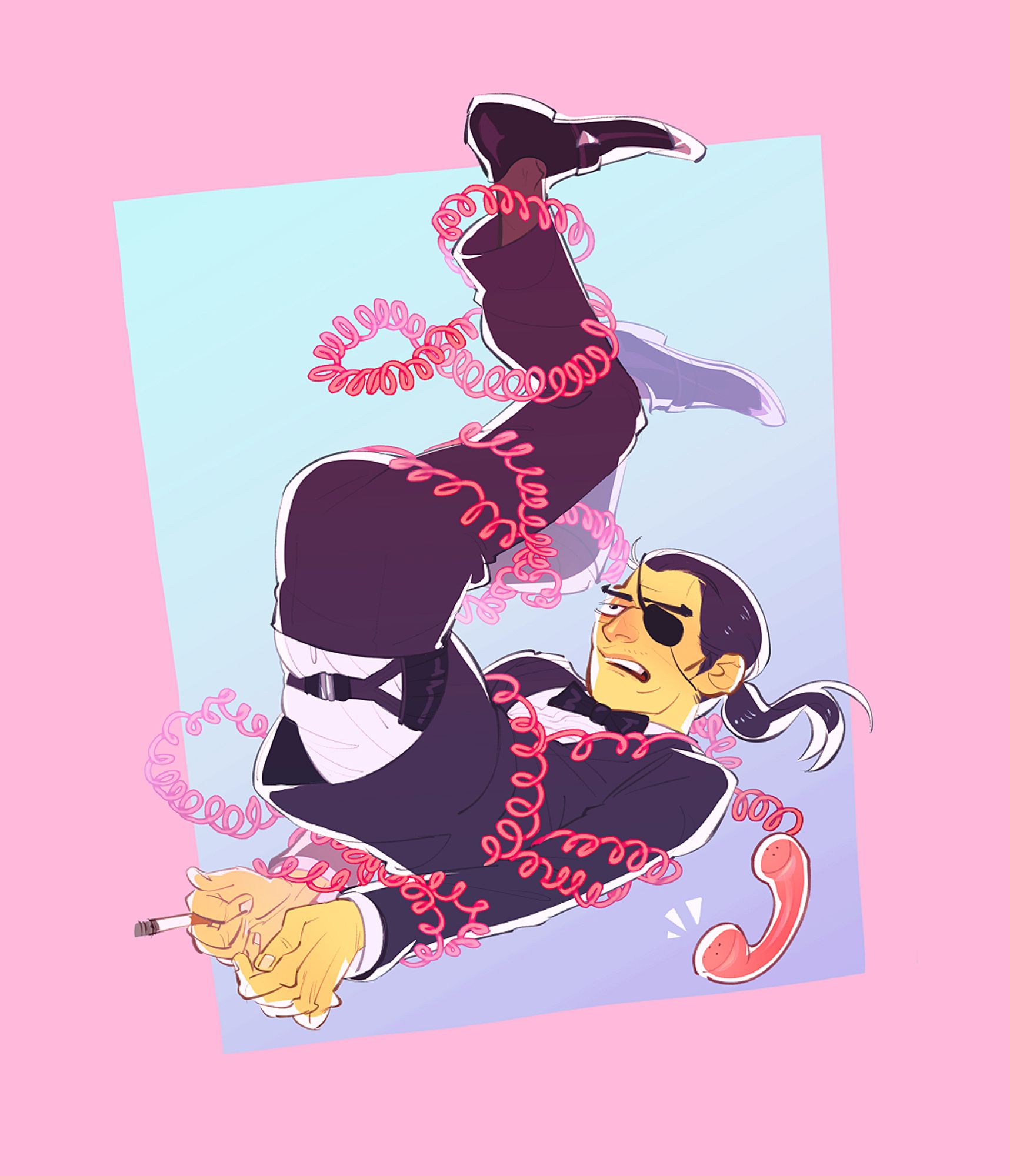 Majima in his yakuza 0 getup, tangled in a pink telephone cord while suspended in the air in a sexy pose. He's holding a cigarette in his tied hands, rolling his eye in exasperation, resigned to his fate.