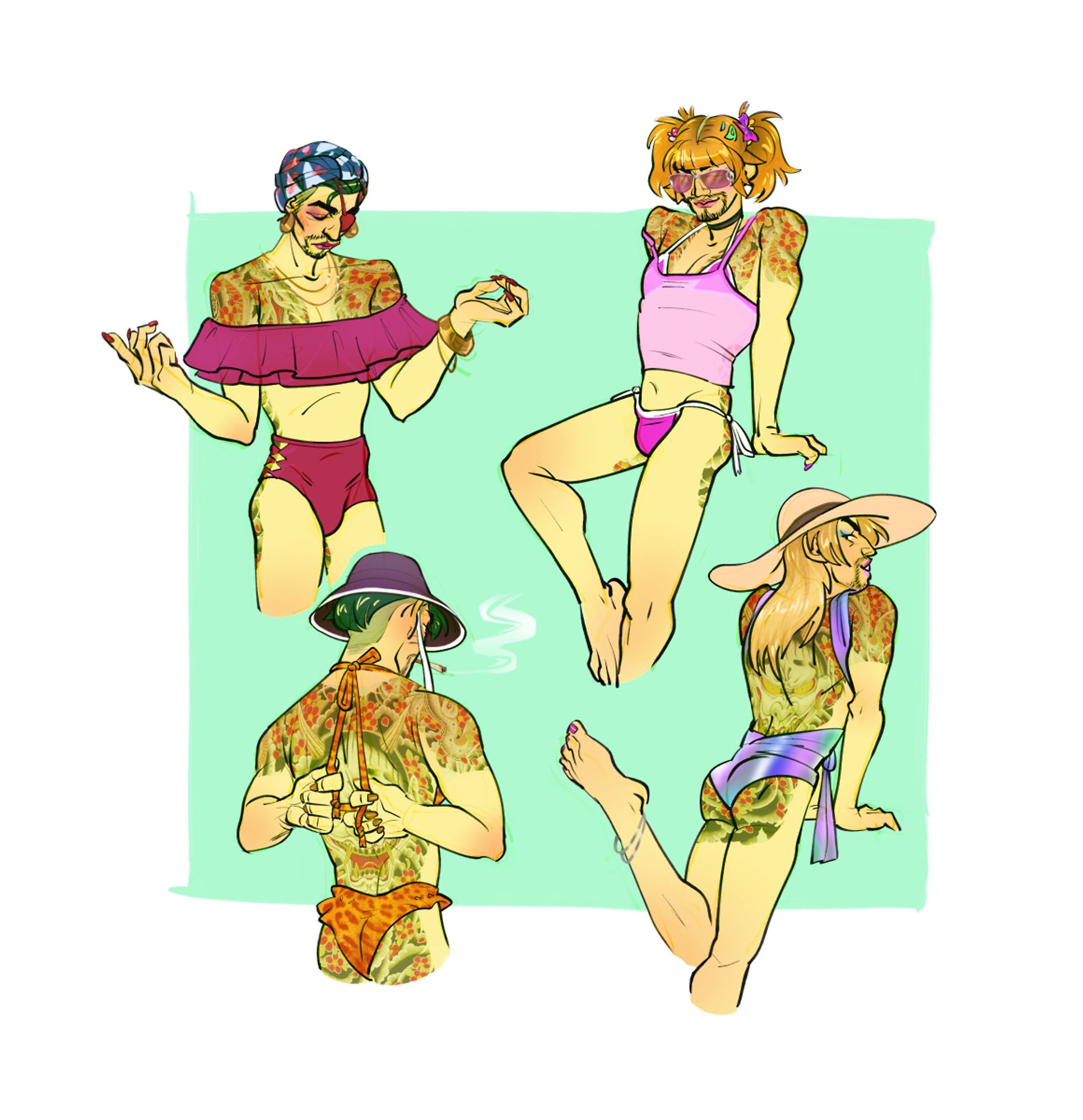 Goromi posing coquettishly in different swimsuits. One's very Y2K, a pink bikini with flimsy straps with a spaghetti top layered on top, plus gaudy pink shades and lots of hair clips in her pigtails. Another one's a holographic swimsuit with an open back and wrap around the waist, paired with an oversized sunhat. In another, she's wearing a leopard print bikini with frills as she's pulling at the knot holding her top, cigarette in hand and donning a silly bucket hat. The last look is a classy, shoulderless bikini with big, frilly accents. She's wearing a head wrap over her natural hair and a color matched eye patch.