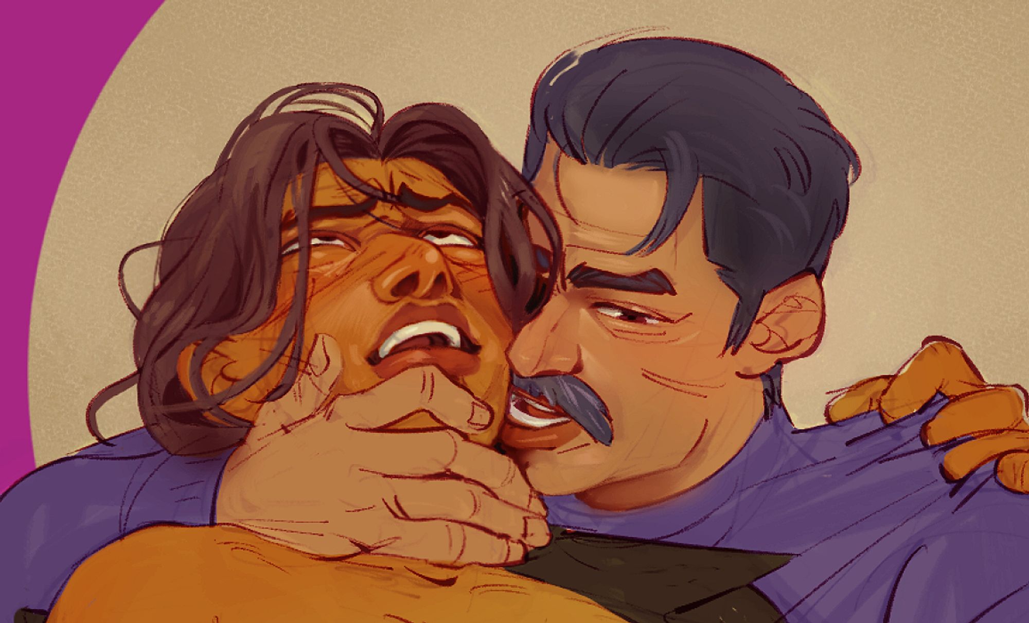 Kazama's behind Nishiki, hand wrapped around his jaw, leaning into the side of his face, whispering in his ear as Nishiki's clawing at his turtleneck, his own shirt coming off one shoulder. Nishiki's a mess, flushed and hair in disarray as his eyes are rolling back into his skull. We can't see what's happening below their shoulders.