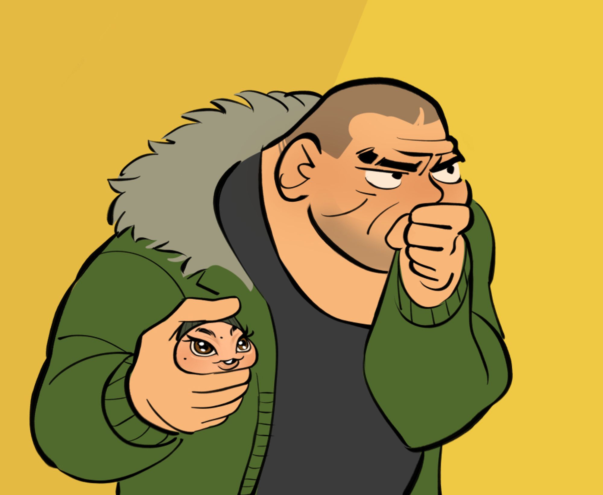 Redraw of the Mark Anthony and Pussyfoot meme, where Saejima's the big dog deep in thought while holding a teeny tiny Baba in his hand.