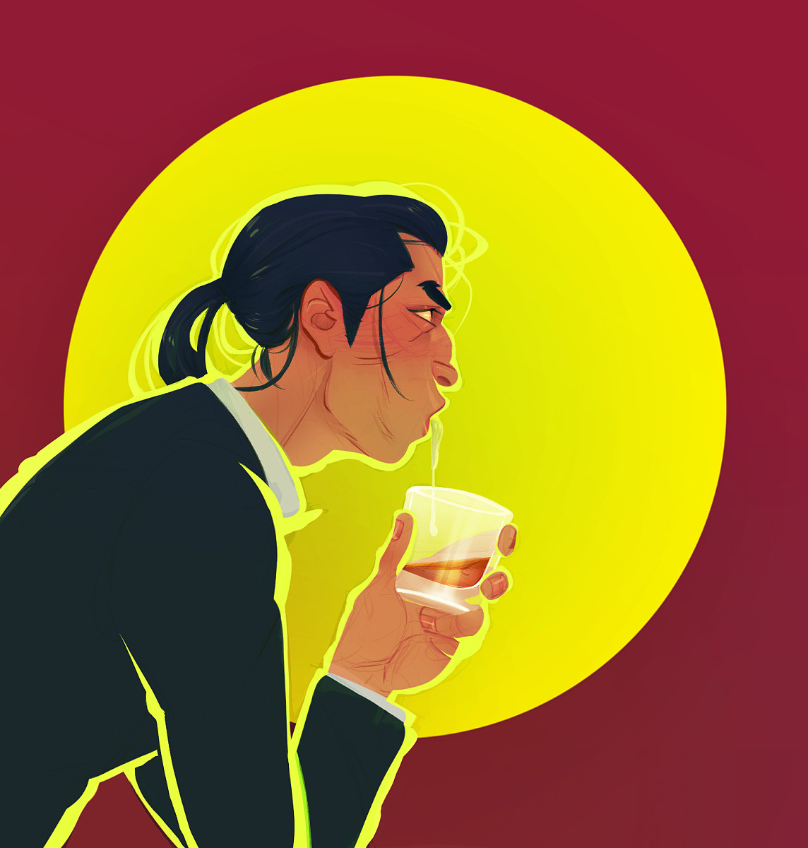 Y0 Majima in profile. He's hunched over, as if on his knees, and his ponytail has gone loose, strands of hair sticking out messily. He's looking up, likely looking at someone as he slowly lets cum dribble out into a half-empty tumbler of whiskey.