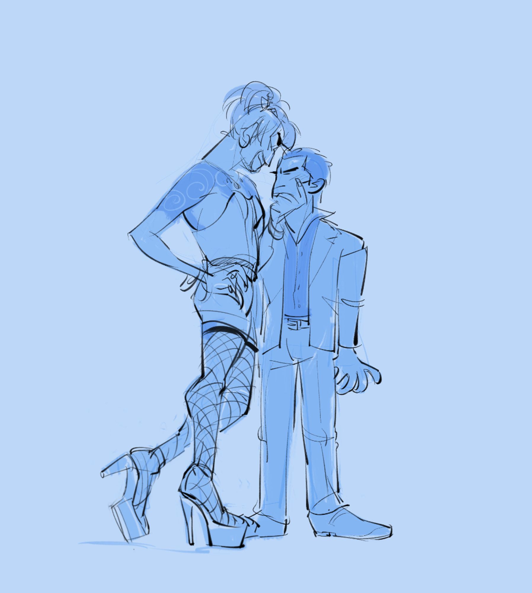 Goromi towering over Kiryu in her platform heels, leaning down to turn his face up towards her by the chin. Kiryu's standing there, stiff as a board, trying to look stoic with his eyes squinting cutely.