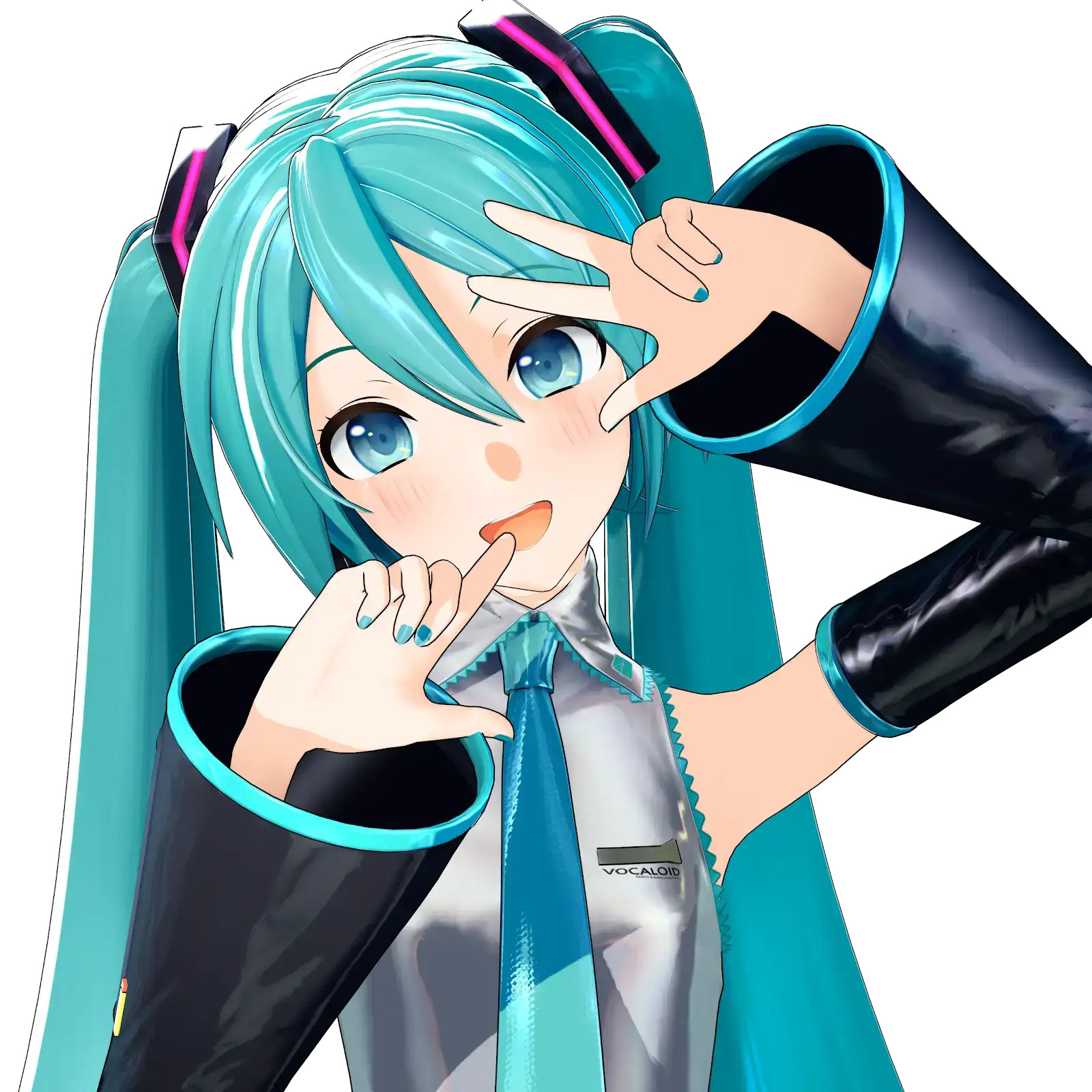 An mid shot image of a 3D model of Hatsune Miku, looking and smiling into the camera, posing with her fingers over her face.
3D Model by YYB
MME by そぼろ