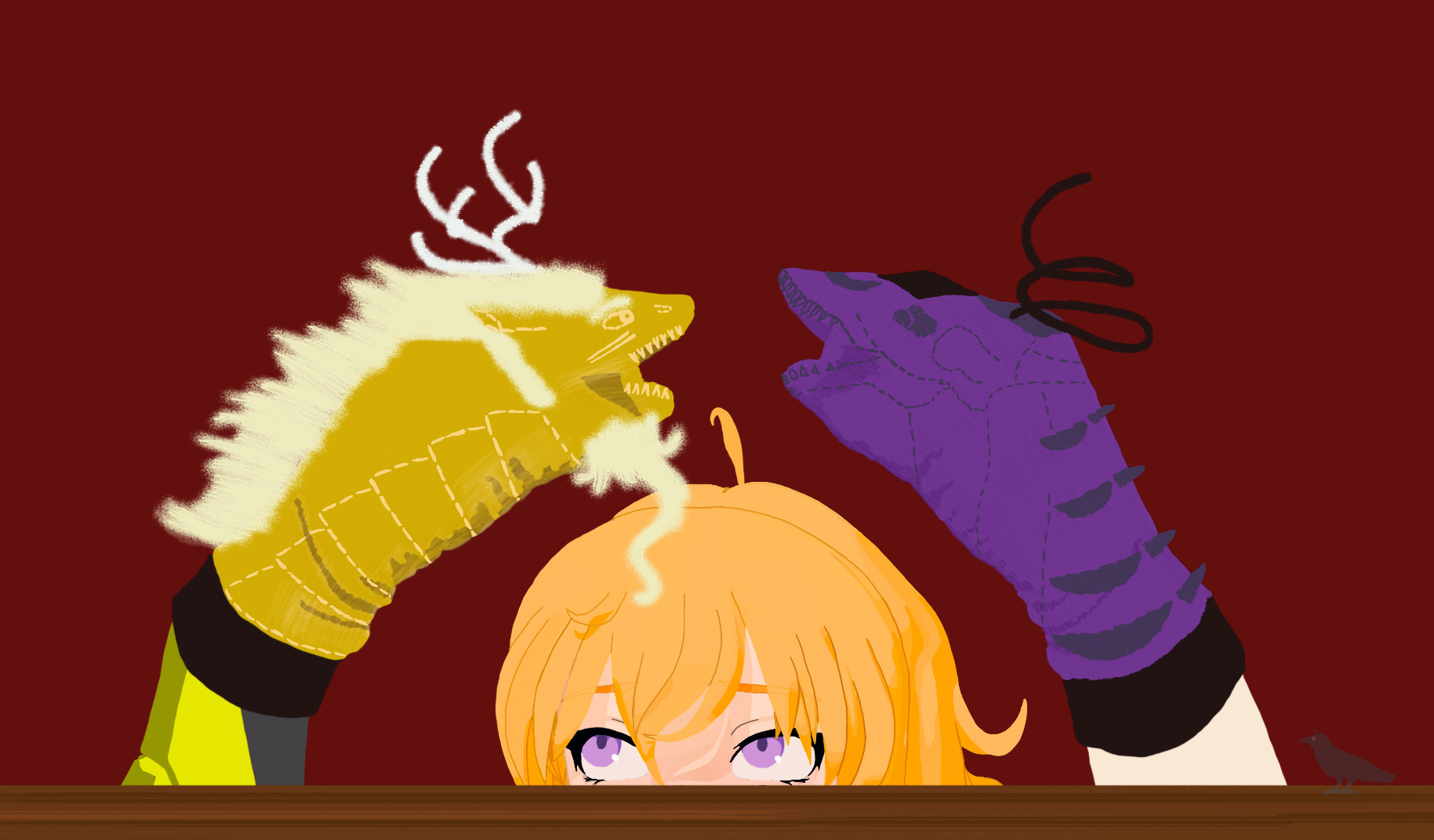 Digitally drawn fanart of Yang Xiao Long with sock puppets of the God of Light and the God of Darkness. Yang is hidden behind/under a wooden table from the eyes down, but can be recognised by her distinctive blonde hair with cowlick, and lilac eyes. The God of Light sock puppet is on her prosthetic hand, facing the God of Darkness sock puppet on her left hand. The puppets look handmade, with visible stitches, and Yang has possibly stolen a sock from Blake for the God of Darkness puppet going by the purple colour with black heel and cuff.