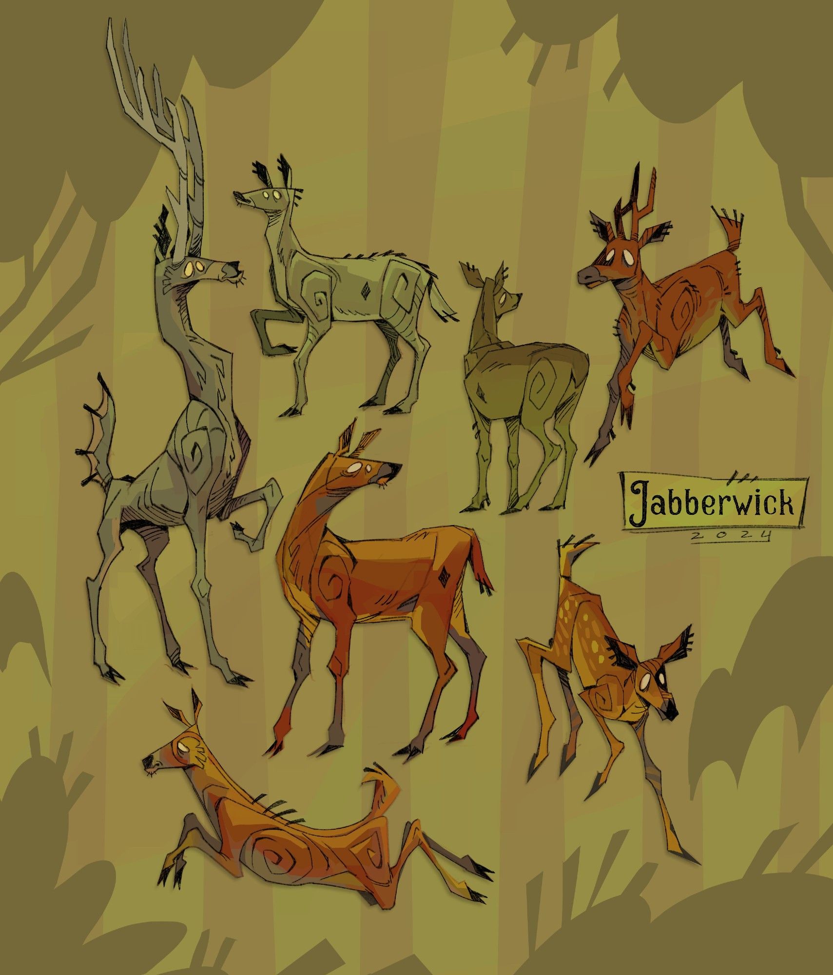 a digital illustration of 7 assorted deer designs. they are stylized and crooked, with large empty eyes