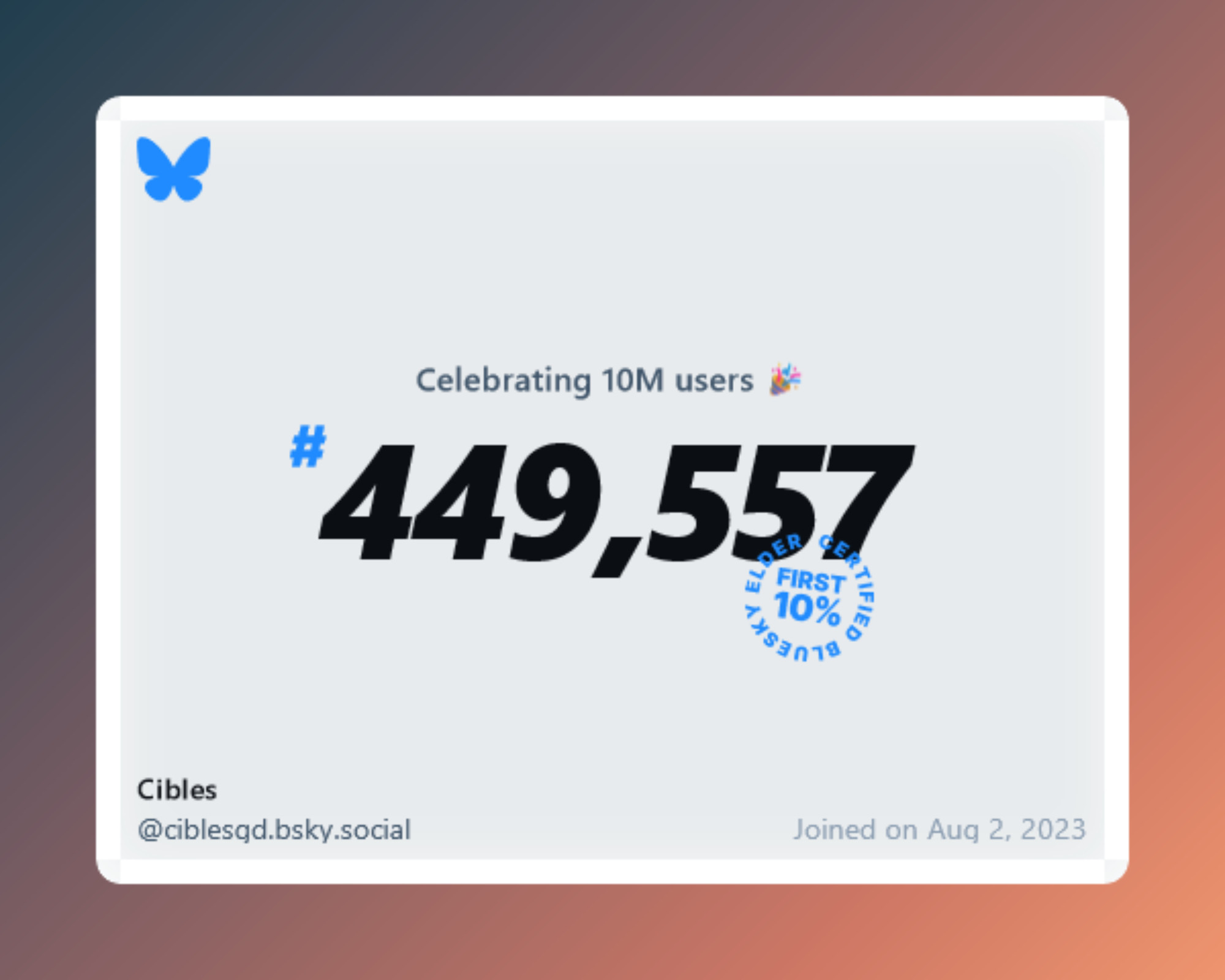 A virtual certificate with text "Celebrating 10M users on Bluesky, #449,557, Cibles ‪@ciblesgd.bsky.social‬, joined on Aug 2, 2023"