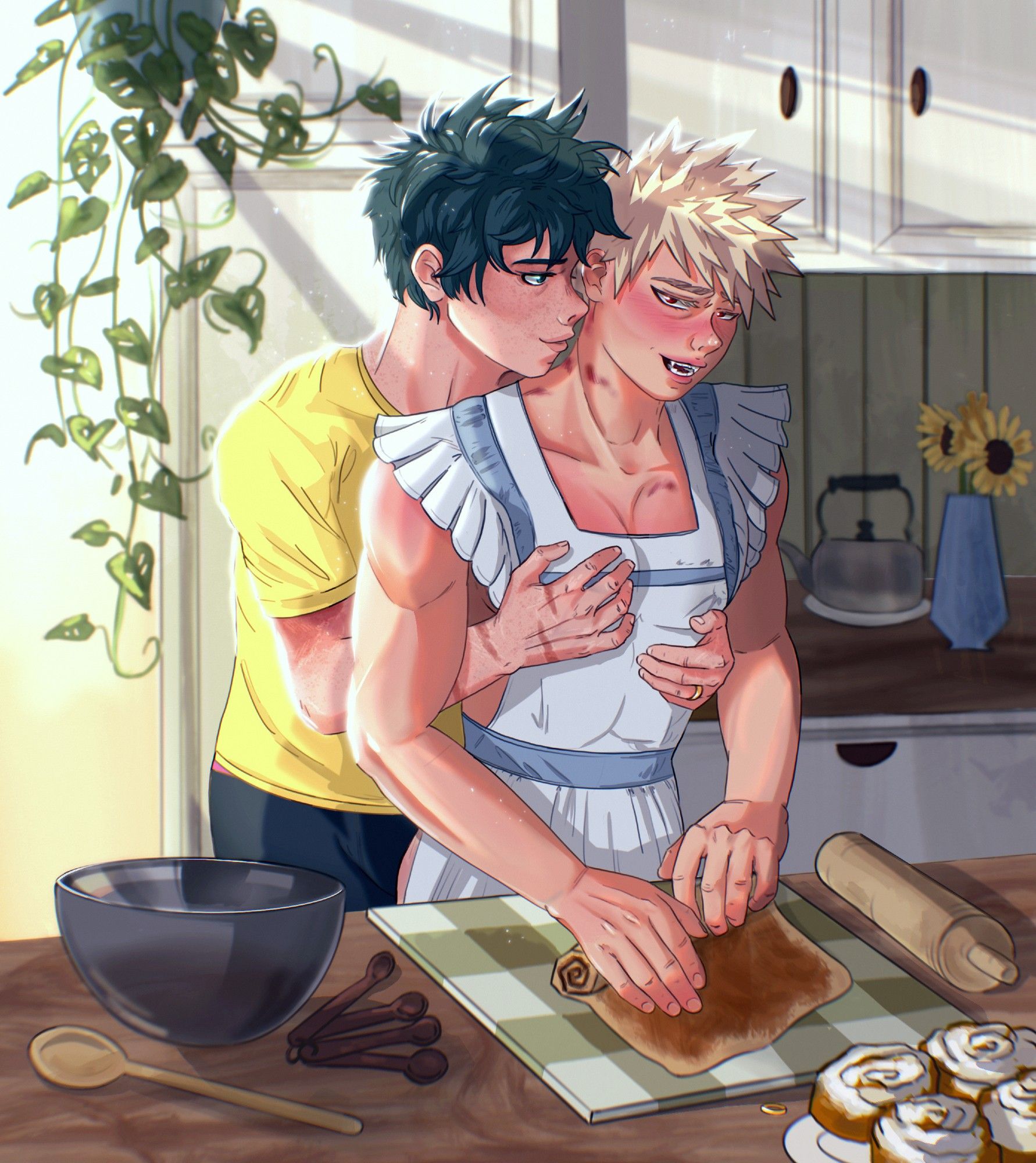 bakugou katsuki making cinnamon rolls while midoriya izuku squeezes his chest teehee