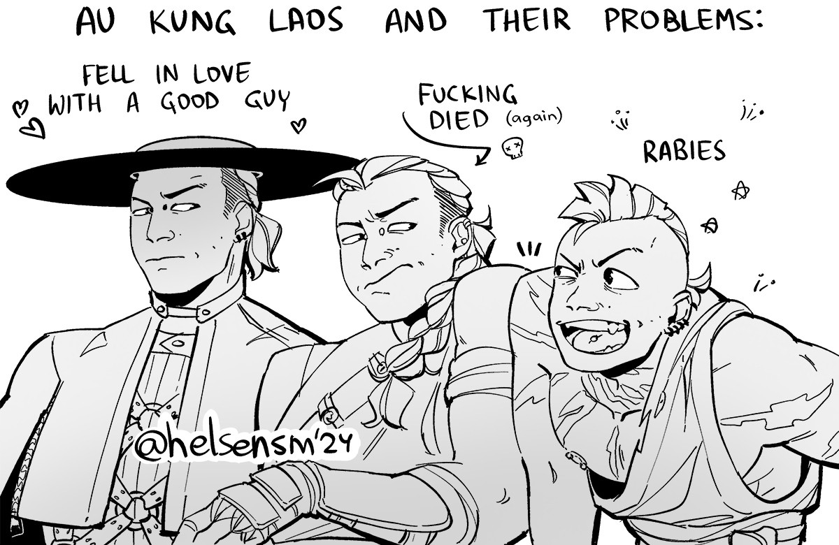 a b/w sketch of Evil Lao AU (by Novice), oops-Kung-Lao's-dead-again AU and Khaos kung lao AU with their respective "problems": fell in love with a good guy; fucking dies (again); rabies.