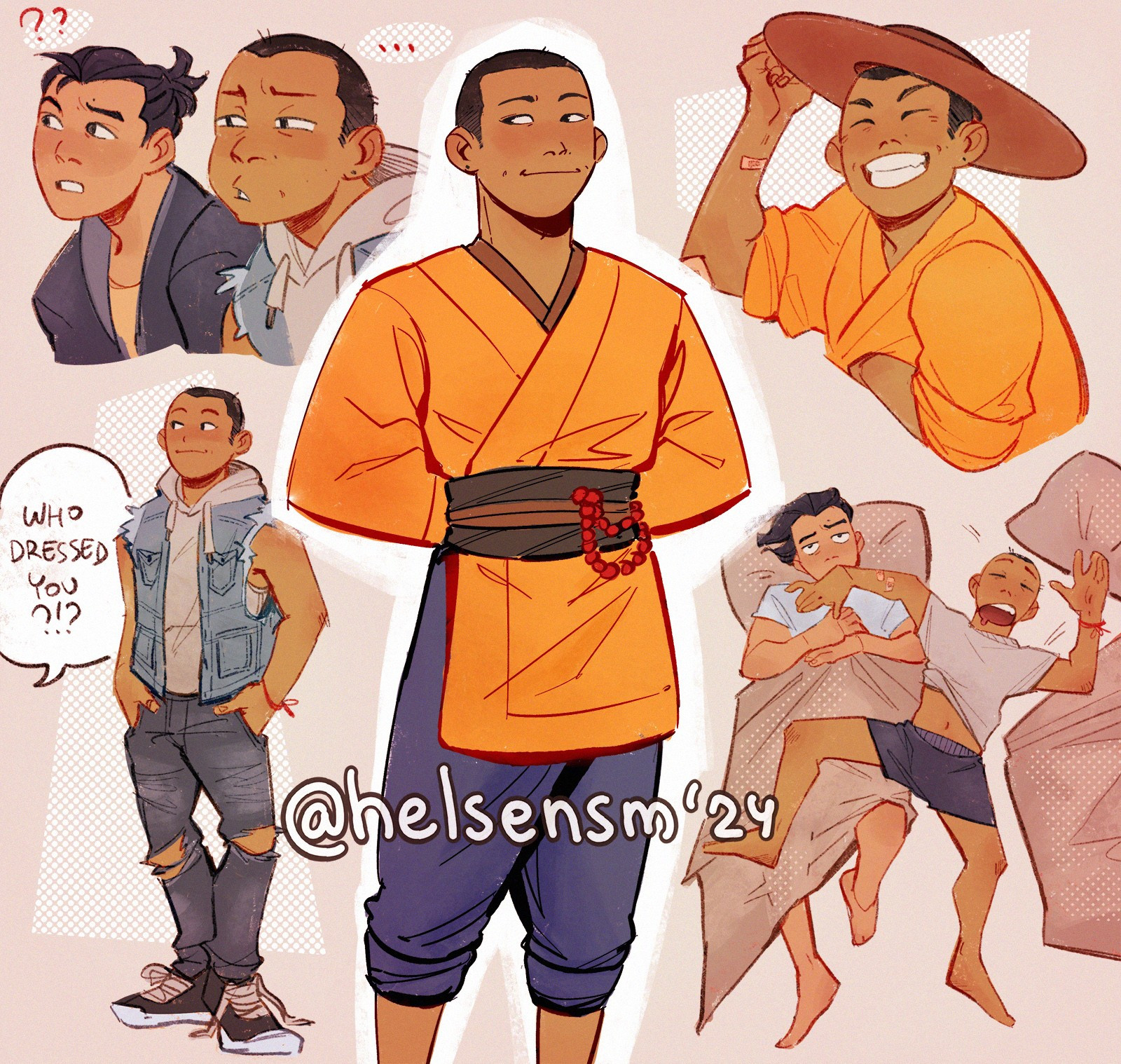 a compilation of colored sketches of teen Raiden and Kung Lao from Mortal Kombat 1 in their Wu Shi uniform and casual outfits being silly. also Kung Lao has a buzzcut