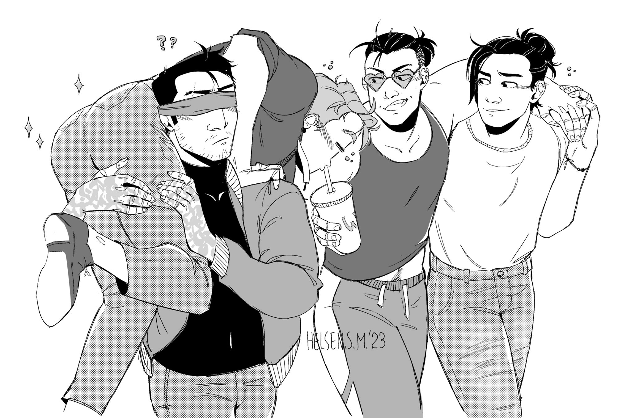 The b/w with screentones art of Kenshi, Johnny, Kung Lao and Raiden in modern clothes. They are hammered, talking and laughing while walking. Kenshi is carrying Johnny on his back; Johnny is sipping some of the Lao's milkshake; Lao is wearing Johnny's heart glasses, he's hugging Raiden with one hand.
#johnshi and #railao are hinted