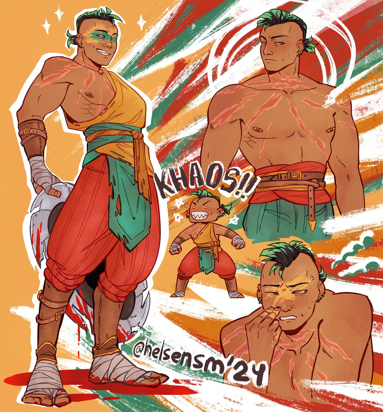 a drawing of a fan design of Khaos Reigns skin for Kung Lao with bright yellow-teal-red colors, he has a scar on his neck/chest, a mohawk with green tips and a lot of piercings