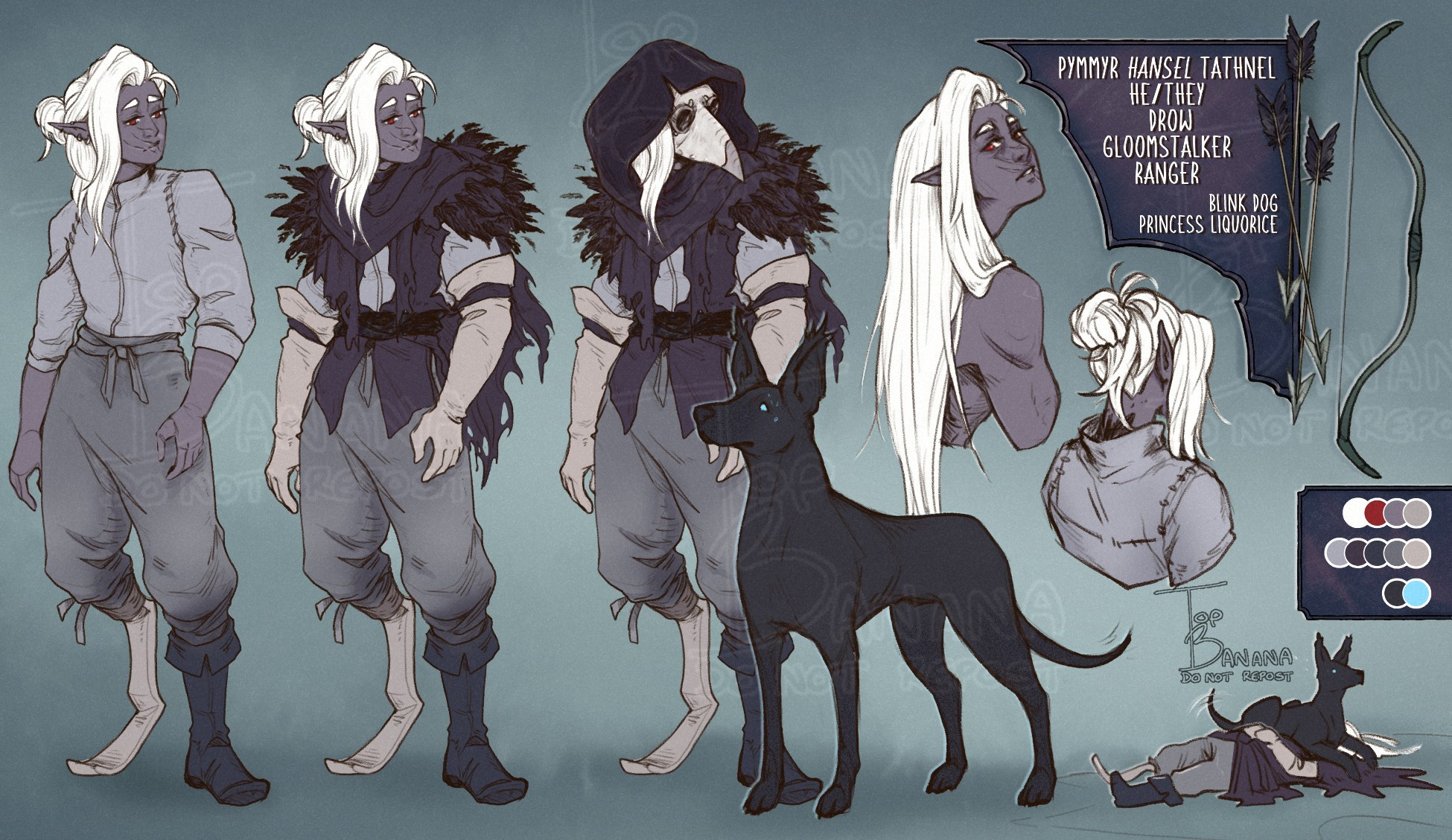Character reference sheet with an outfit breakdown.

Text reads: Pymmyr Hansel Tathnel, He/They, Drow, Gloom stalker Ranger.
Blink Dog, Princess Liquorice. 

The character is of my sad drow, Pym. His long white hair is mostly tied back in a bun, with some falling to the side of his face; red eyes and three large scars across his mouth. 
He also has a prosthetic leg from the knee down (his right)

There shows three versions of his outfit:
The base grey shirt and trousers, then with his gloves, waistcoat and cloak.
Then finally with his plague mask.
He's also standing next to his blink dog, Princess Liquorice, who is based off a pharoh hound.

There is two headshot sketches of Pym, showing his hair down, and hair up as seen from the back. 
The the bottom is a sketch of how Pym sleeps - With princess liquorice laying over his face. 
To the far right is a sketch of his short bow and arrows.