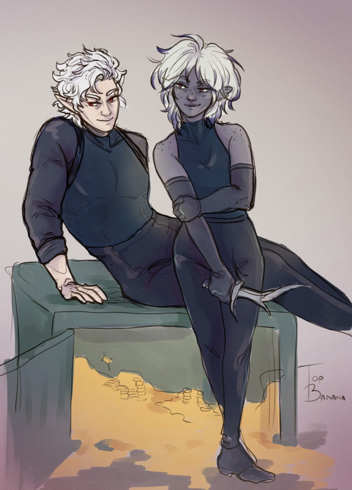 Astarion from Baldurs Gate 3, sitting on top of an open safe with a smirk. Leaning on the safe next to him is my BG3 Tav, Foxglove; A drow with short messy white hair, freckles and purple eyes with red flecks. 

The both look smug and both are wearing tight fitting black turtle necks