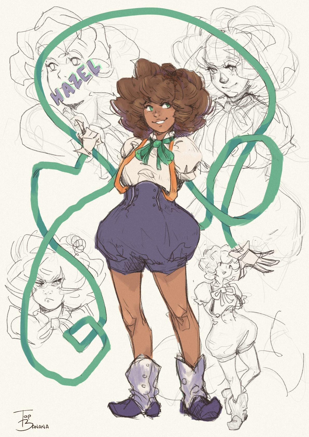 Full body colour sketch of my ribbon-armed witch Hazel, with some rough expression sketches behind her.
She has warm tan skin; above shoulder length, thick brown yarn-like hair and green eyes. 
She's wearing purple high waisted shorts with braces, a short sleeved cream shirt with a green bow. He ribbon arms are twirled around with white gloves for hands.