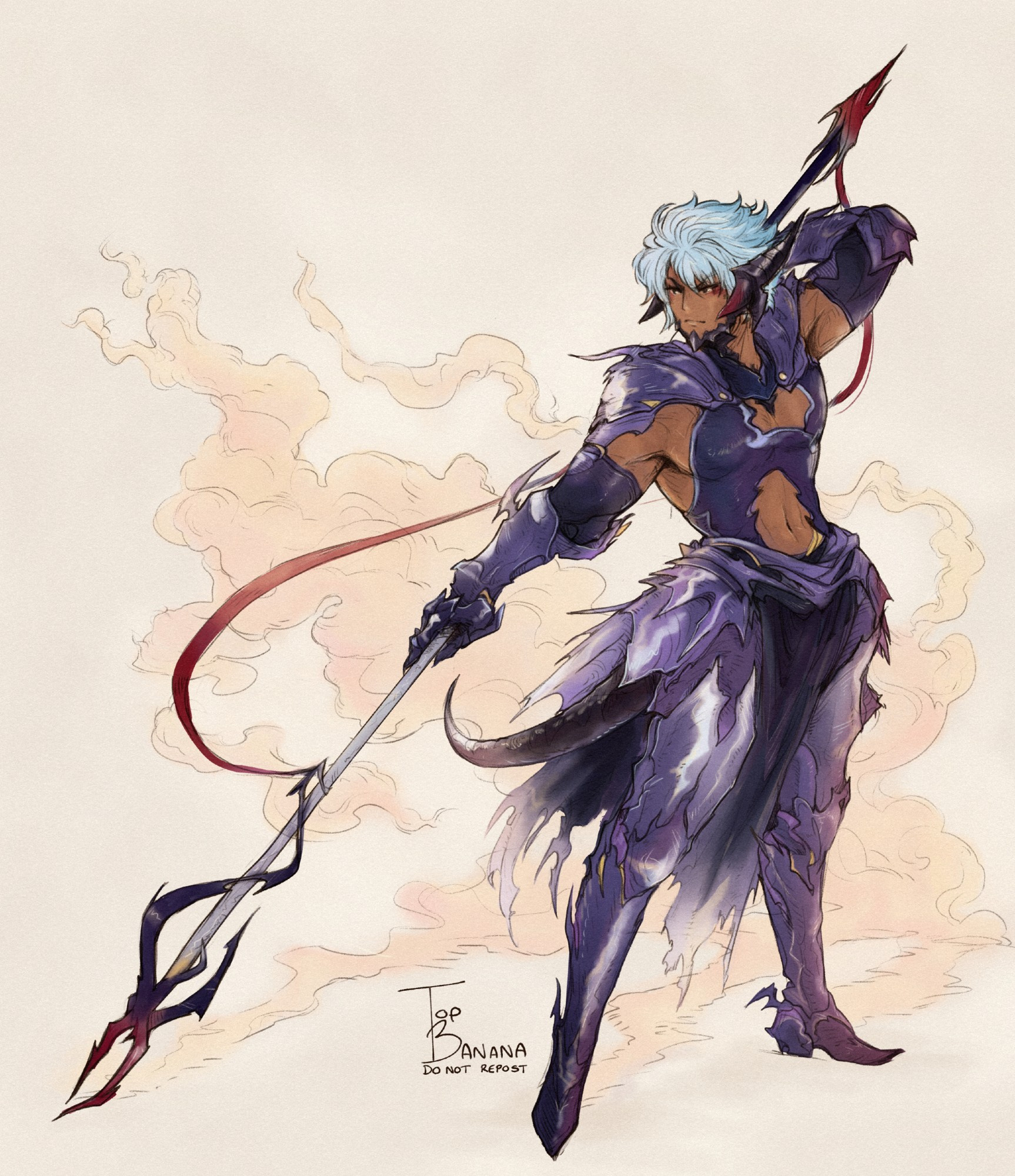 My FFXIV Warrior of Light, Arslan. In the style of Akihiko Yoshidas art.

A full Body image of A buff Au Ra in dragoon armour, wielding a spear. 

He has deep tan skin, fluffy light blue hair and glowing gold eyes. 

Wearing purple dragoon armour that has thigh high boots and gauntlets, waist capes and a rather revealing top. Showing his midriff and cleavage. 
