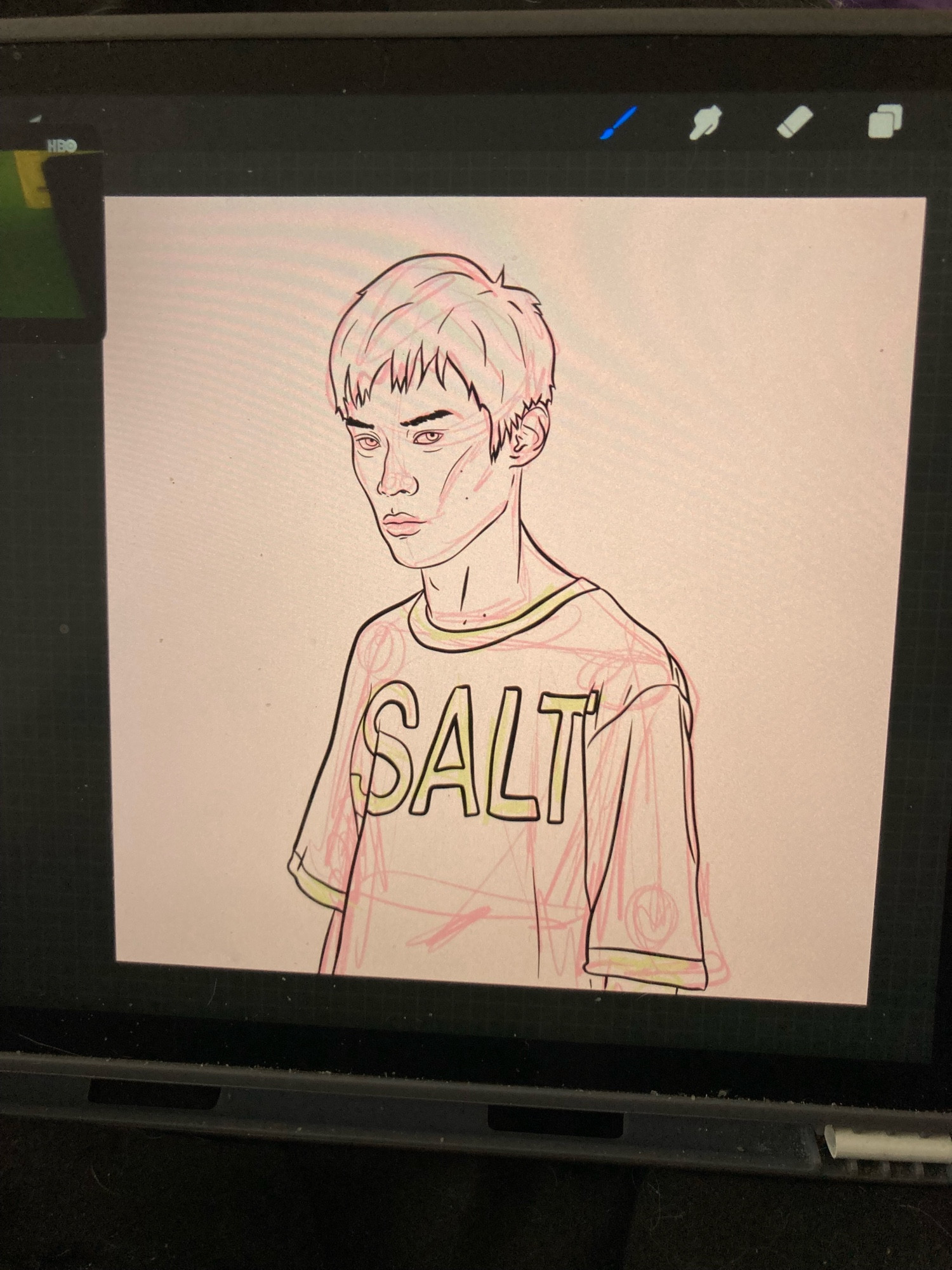 An inked sketch of the character Yu Xi Gu from the Taiwanese show “History 3: Make our Days Count” wearing a shirt that says “salt” on it, referencing the infamous ending where he is (spoiler ahead) abruptly and ridiculously killed by a truck of doom while going to the store to purchase a box of salt.