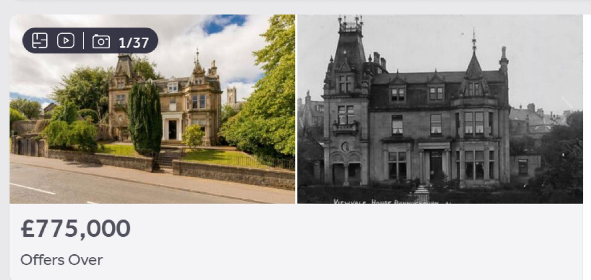 Property listing for a sandstone villa with two thumbnails. The first is a pleasant colour photo; the second is a black and white historical image which makes the house look like the first home of Gomez and Morticia.