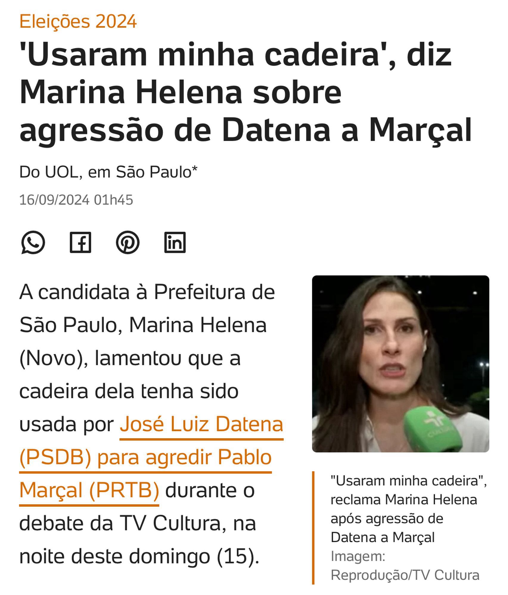 Print de matéria sobre a candidata desconhecida Marina Helena reclamando que um senhor de 67 anos usou a cadeira dela pra ripar nas costas de um picareta