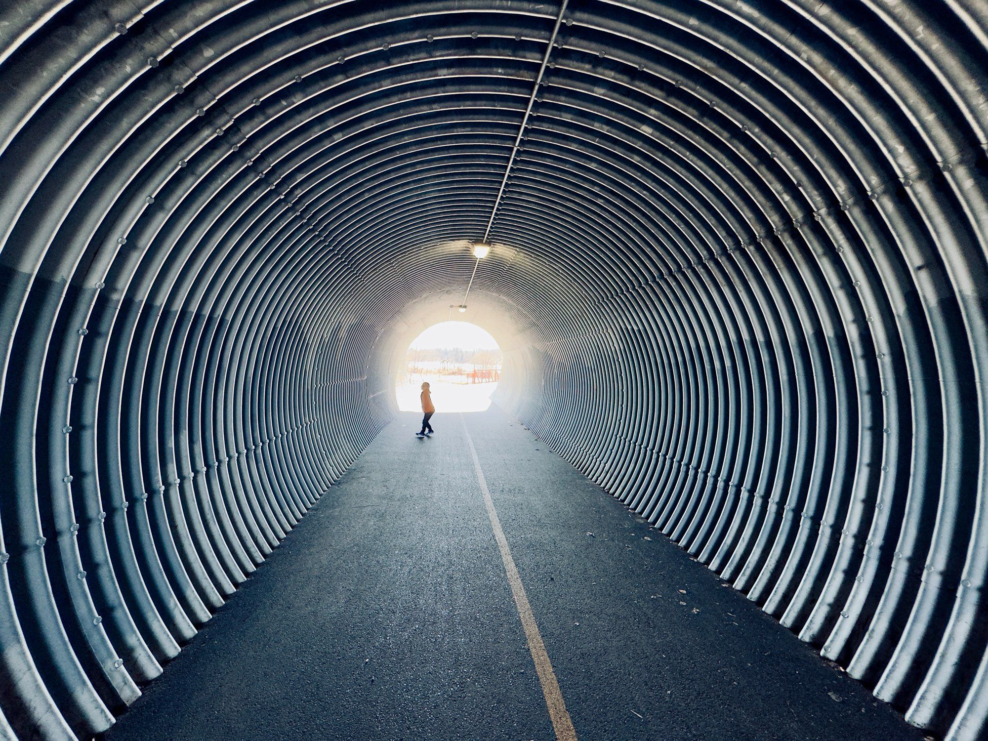 Tunnel - corrugated steel walls that have a spaceship vibe in the photograph that was not there in real life