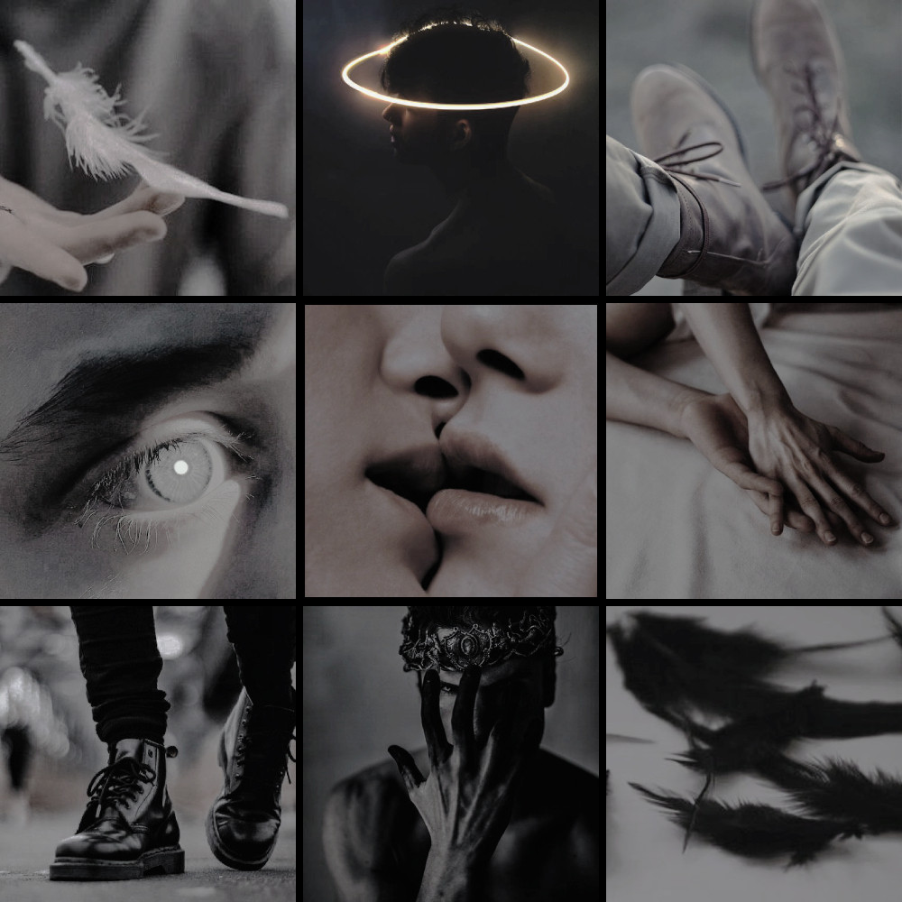 A grid of nine images. From the top left, clockwise to center, they are:
1. A hand holding a white feather. 
2. A neon halo around the head of a person with short hair. 
3. A person wearing a pair of brown boots. 
4. A pair of hands, holding each other on a bed.
5. Several black feathers. 
6. A pale person with a silver crown on their head, their hand over their face. Their fingers are black. 
7. A person wearing a pair of black combat boots. 
8. A close-up image of a pale eye. 
9. A close-up of two people kissing.